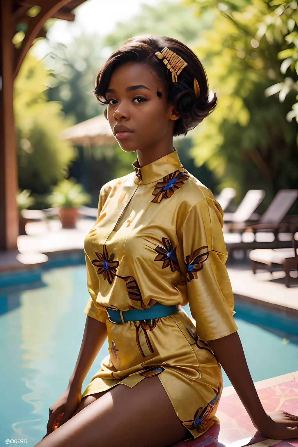 (((very colorful))) ((hyper realistic)) full torso photograph of a young 24 year old (((African woman))) in a flowery silky richly textured short gold buttoned dress with thigh length slit lounging in a beautiful (richly decorated) gazebo by a lush blue lake on a pleasant day subject between the sun and photographer, bright sunny, raw, greatness, indie, and full of magical nature activity, brightly magically lit, shot with professional lenses, panavision motion still, hyper detailed textures, Kodak Portra 400 film, ((35 mm lens)), with double exposure and long exposure techniques and light leaks, (((60s retro vibes))), afro-creative — David Fincher, Emmanuel Lubezki, Gordon Parks, Daido Moriyama, Akinbode Akinbiyi, (((Hasselblad))) (backlighting)