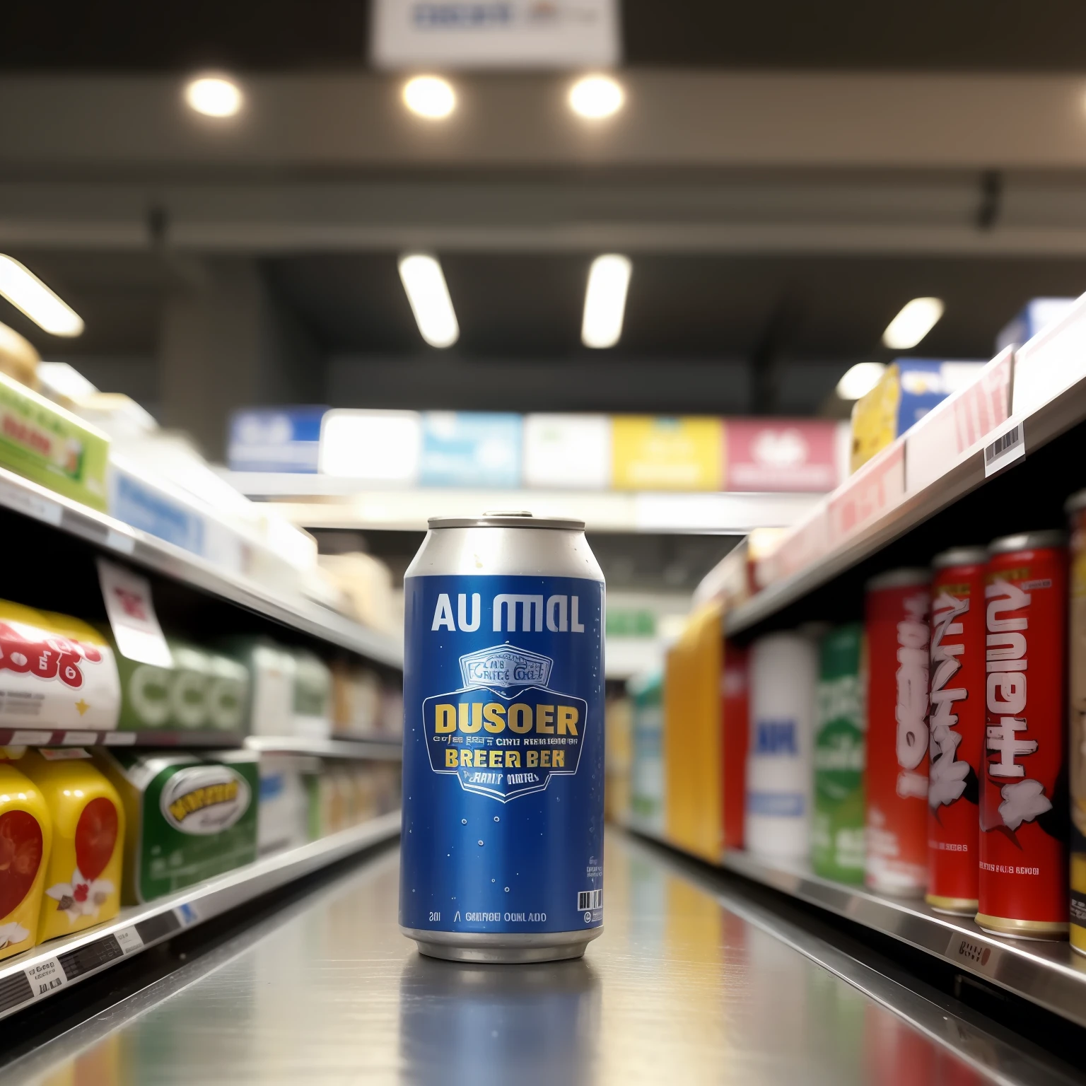A bright, frozen beer can is the focal point of this image. Illuminated by soft ambient lighting, it stands out against the blurry background of a bustling supermarket. The cold metal of the can discreetly reflects the rays of light, while vibrant, inviting colors from other product packaging fill the background, creating an interesting contrast. --auto
