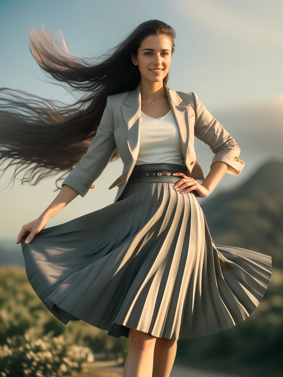 authentic (kind and tender) good woman wearing a short blazer with a very very detailed (long (fully pleated) full circle skirt) and (simple) low heeled office shoes, very very intricate hyper-detailed symmetric (attractive graceful young feminine face) with (sad, tired eyes and shy smile), full of empathy and compassion and love, (pronounced (feminine) features), (highly detailed ultra accurate realistic) hands and fingers, ((windy conditions and wind blowing)), epic composition, highly detailed attributes, highly detailed atmosphere, (35mm f1.4 Kodak portra 400 photograph), extremely high quality RAW photograph, detailed space operation communications background, intricate, Exquisite details and textures,