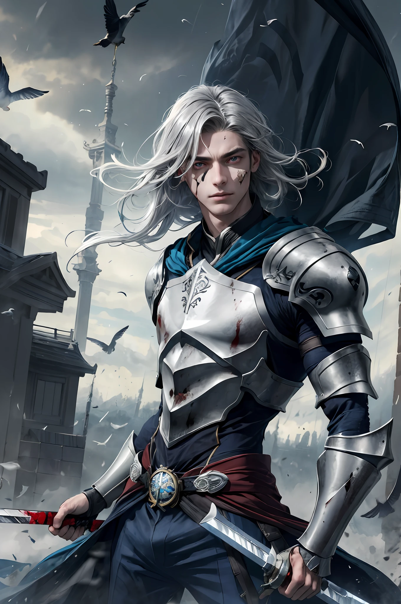 ((Young Men)), Knight, Fluttering Cloak, Ribbon, Silver Western Sword, Sabre, Gauntlet, Elongated Eyes, (((Extremely Clear and Delicate Depiction of Facial Features)))), ((Delicate Eye Depiction)), Dramatic Composition, Film Lighting, Extreme Detail, High Resolution, ((Dynamic Pose))), Silver Armor on Shoulders, Battle Flag Flying, Mist, Dusty, (Fluttering), Floating in the Air, Surrounded by Birds, Bloodstained, Battle Damaged, Wounded, Extreme Detail, High Definition, Depth of Field, Extreme light and shadow, handsome guy, deep eyes, (hair strands are very finely depicted), slightly longer hair