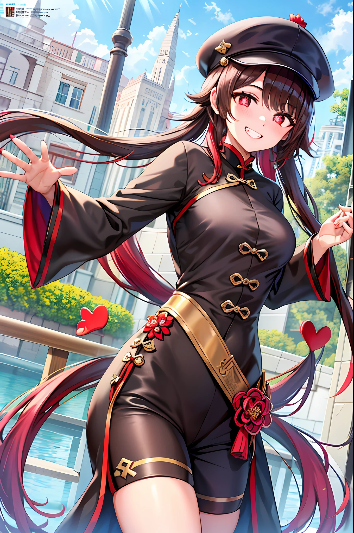 (best quality), (masterpiece), ((beautiful:0.75) cute girl:0.75), [clear and clean] pixiv (illustration), (HuTao/(GenshinImpact/)), red eyes, flower-shaped pupils, hat, long brown hair, bangs, twintails, chinese clothes, black shorts, wide sleeves, grin, light blue dress, view, Smile at me, Kind, Caring, Beautiful, Love me with all her heart