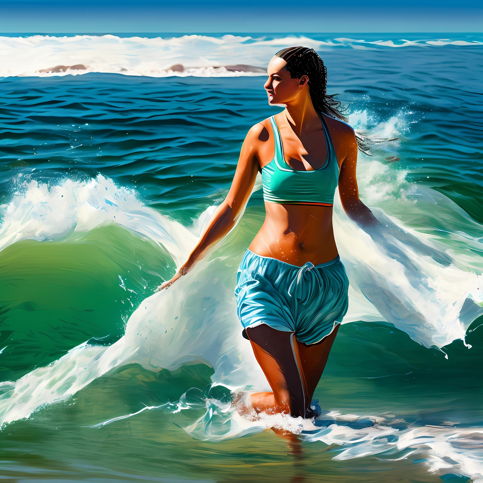 "Portrait of a beautiful young woman emerging from the sea on a beach with imposing waves. Around her, people waiting for her out of the water. His clothes are transparent, conveying a sense of amazing realism." --auto