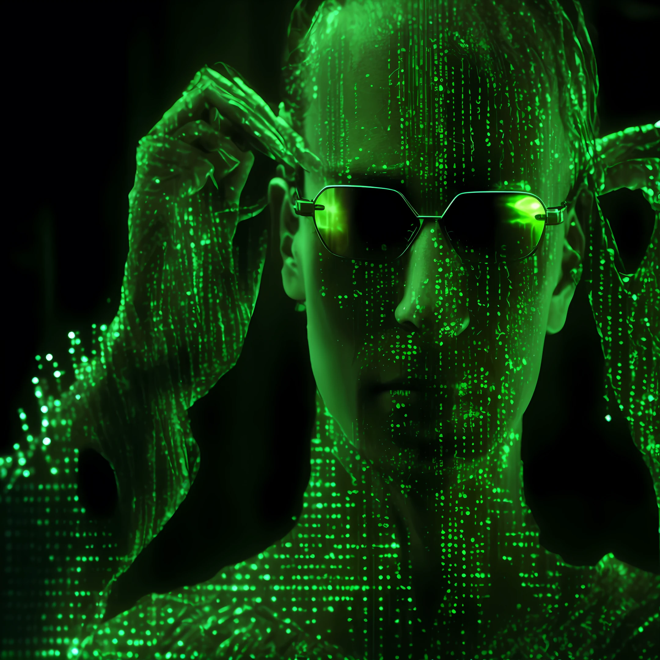 Um close up de uma pessoa usando óculos escuros e um vestido verde, Neo de Matrix, Matrix Style, Welcome to the Matrix, Matrix Film Pinterest Color, Like Matrix, Green Matrix Light, Neo de Matrix, Morpheus from the Matrix, Green Matrix Code, Wires from the Matrix Movie, In Matrix, In The New Matrix Movie, Digital Glasses, perfeitamente centrada --auto --s2
