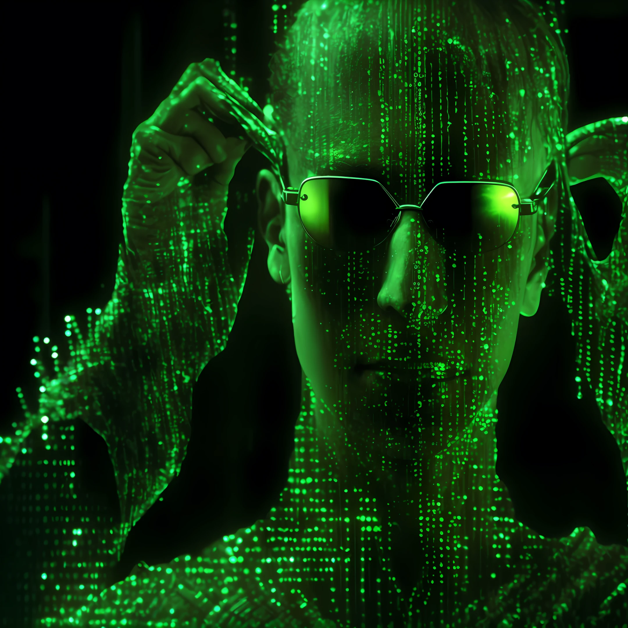 Um close up de uma pessoa usando óculos escuros e um vestido verde, Neo de Matrix, Matrix Style, Welcome to the Matrix, Matrix Film Pinterest Color, Like Matrix, Green Matrix Light, Neo de Matrix, Morpheus from the Matrix, Green Matrix Code, Wires from the Matrix Movie, In Matrix, In The New Matrix Movie, Digital Glasses, perfeitamente centrada --auto --s2