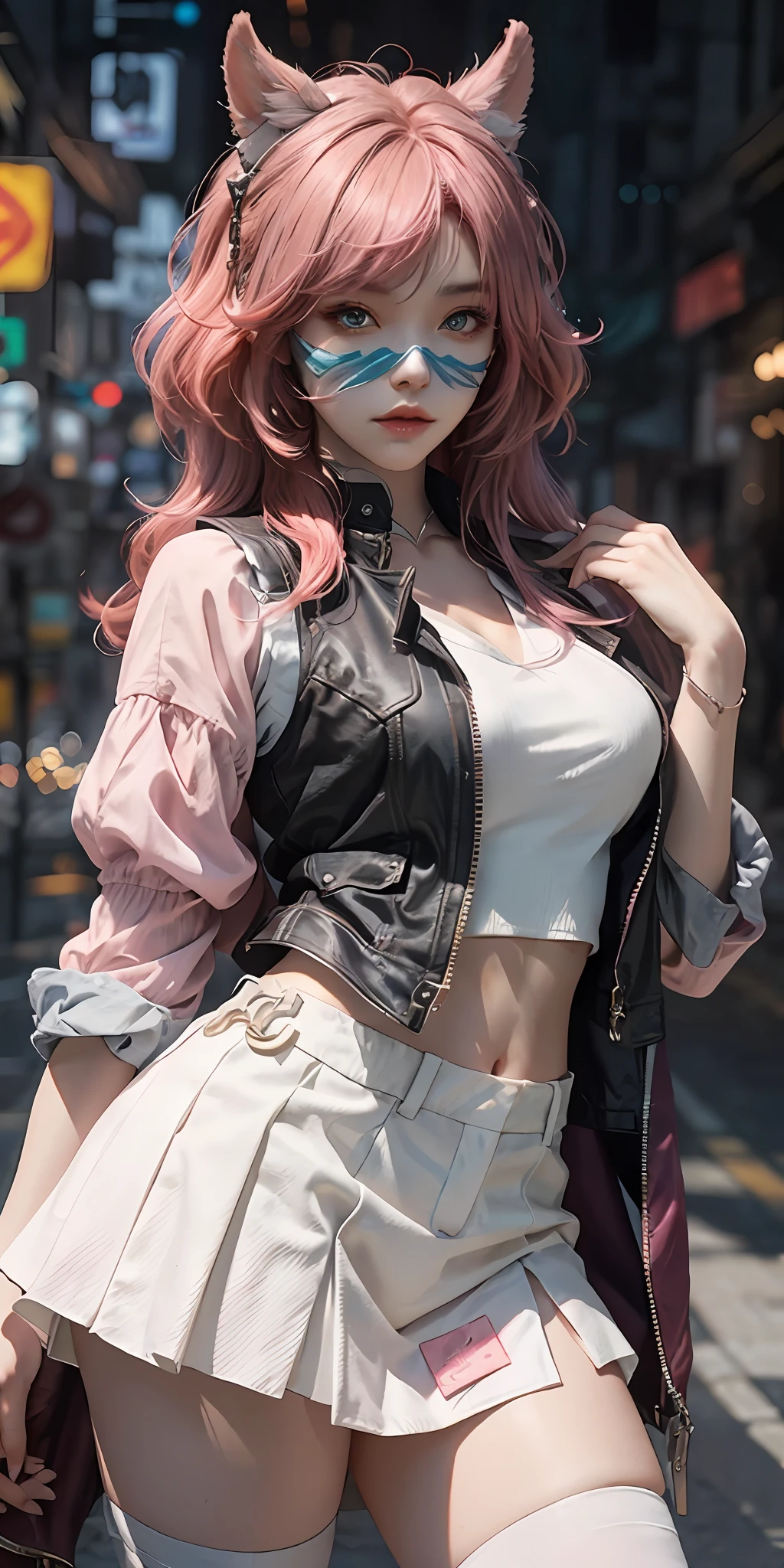 Close-up of a gradient pink hair woman wearing a white mask, artwork of shorts short skirt, seductive redhead, Yang J, epic fine character art, stunning character art, vest line