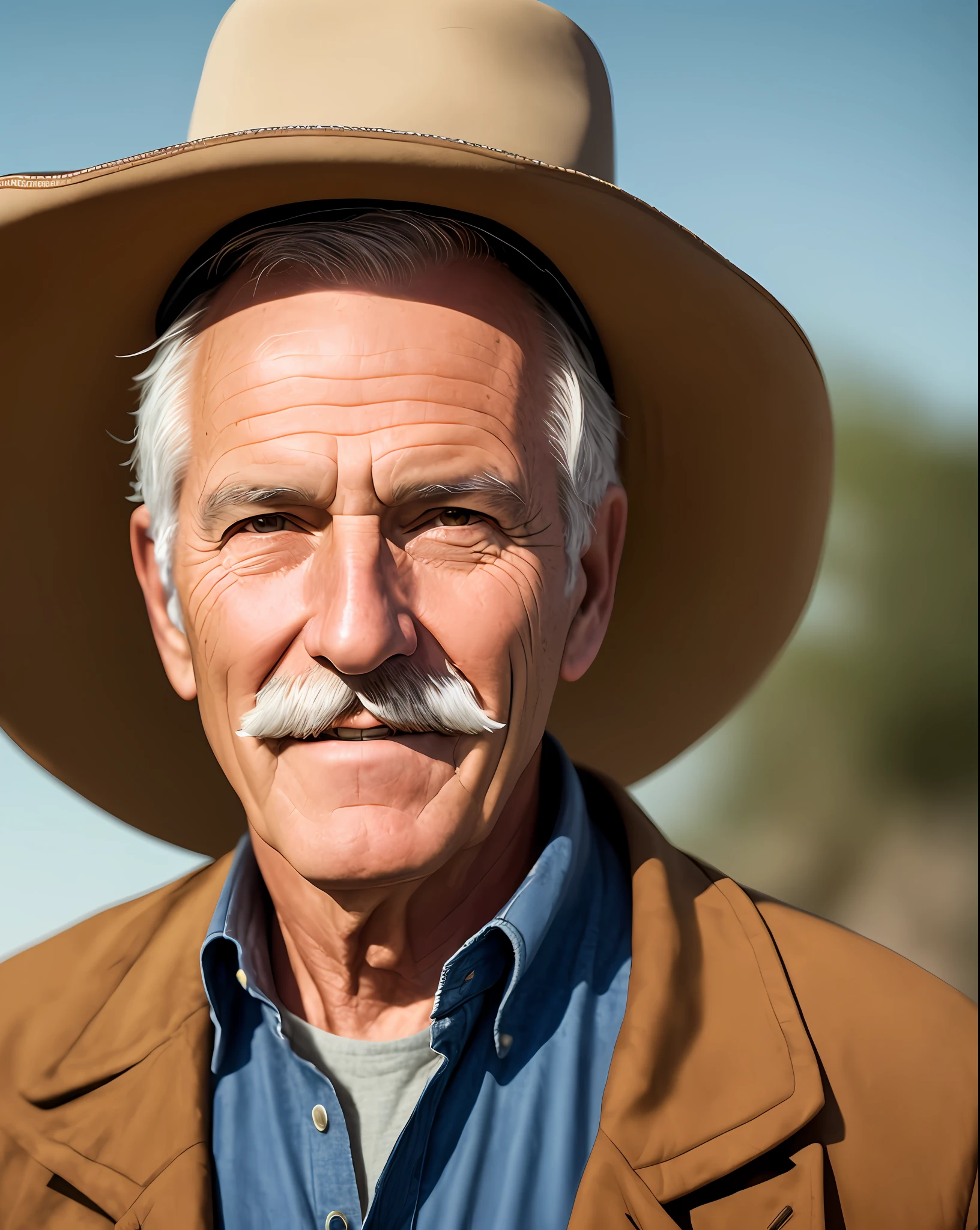 a close-up portrait, (extremely detailed 8k wallpaper), centered, (symmetry), old man, look at the viewer, smile, mustache, cowboy hat, hat over face, 35mm, soft cinematic light, 4k texture, intricate details, hdr, intricate, (((cinematic look)))