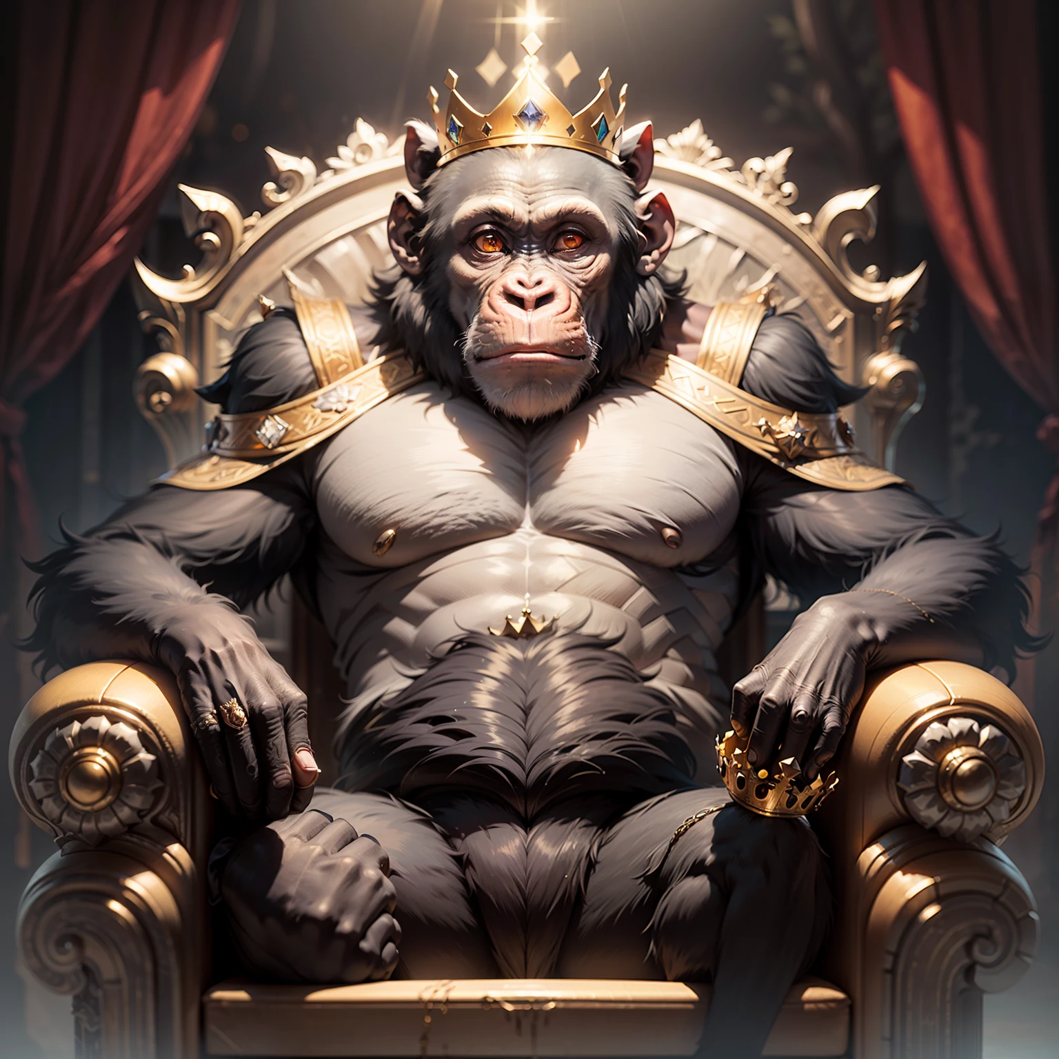 King chimpanzee, with crown and highly detailed props, black background, facing the camera