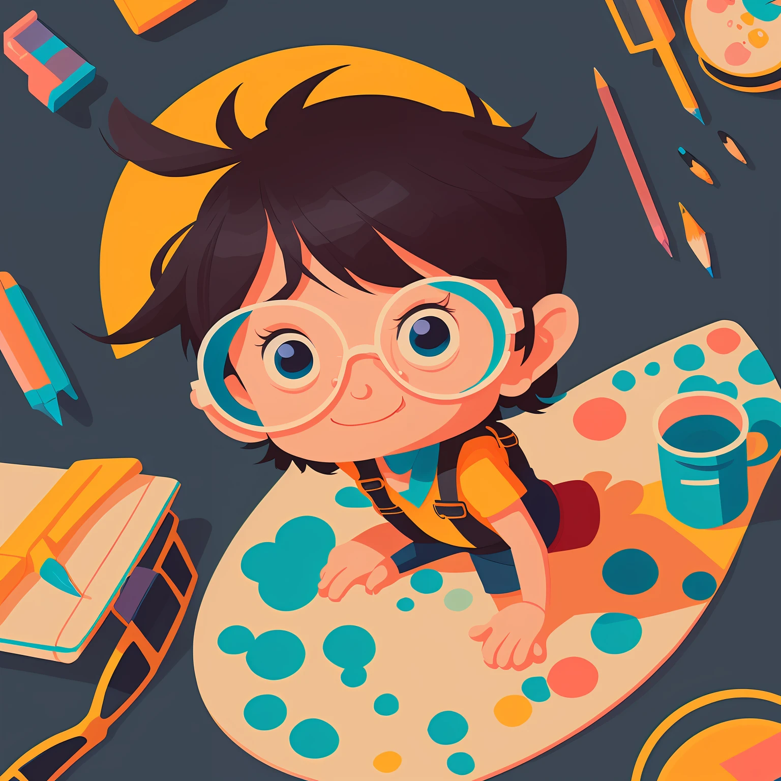 Cartoon boy with glasses sitting in a color palette surrounded by school supplies, 2d illustration, 2d illustration, 2d gouache illustration, procreate illustration, painting illustration, children's art in artstation, 2d digital illustration, lovely digital painting, 2d digital illustration, hero 2 d fanart artsation, illustration painting, character painting, cute illustration, digital illustration -
