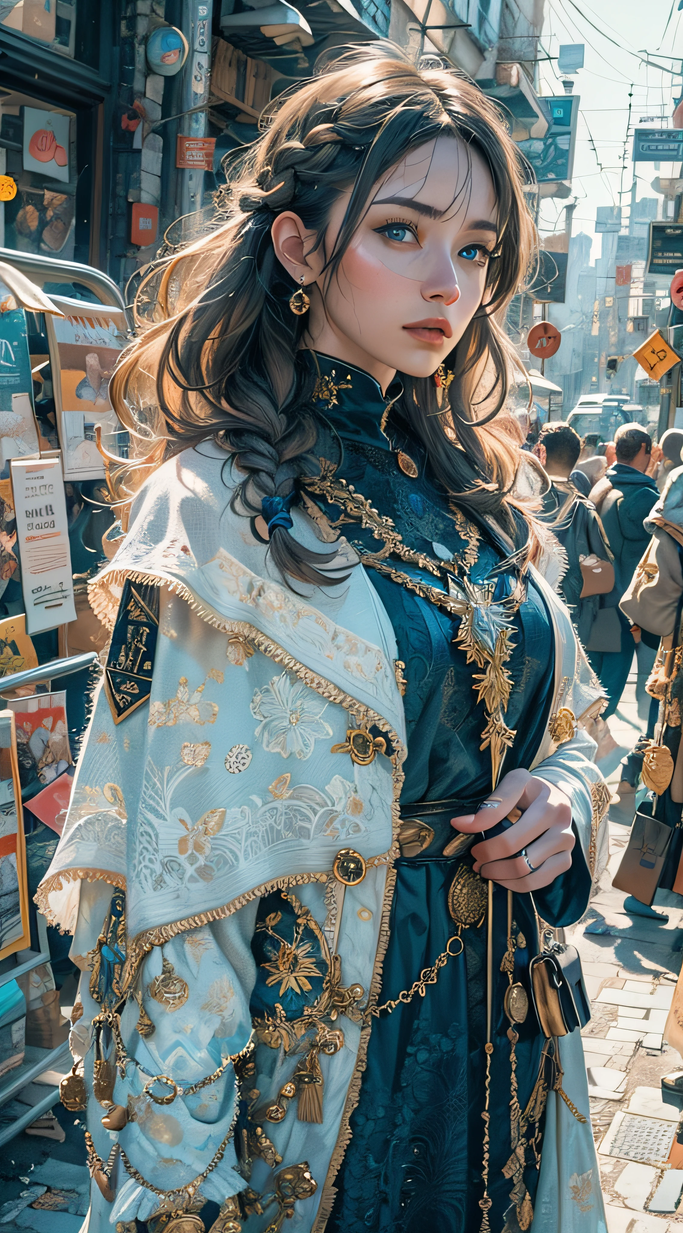 (8K, Best Quality, Masterpiece: 1.2), (Realistic, Photorealistic, Photorealistic: 1.37), Best Quality, Masterpiece, Gray Hair, White Hair, Blue Eyes, Blue Eyes, Look Up, Hair Strand, Fair Skin, Braid, Ultra High Resolution, Highly Detailed Eyes and Face, Fantasy, Knight, 8K High Quality Detail Art, Blue Clothes, Cloak, Gwise Style Artwork, Detailed Facial Expressions