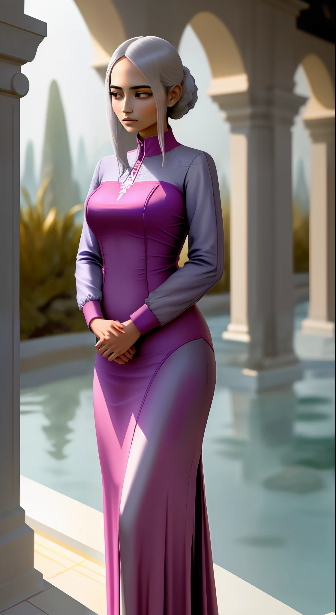 "A woman standing in a serene and captivating setting, exuding elegance and grace."
