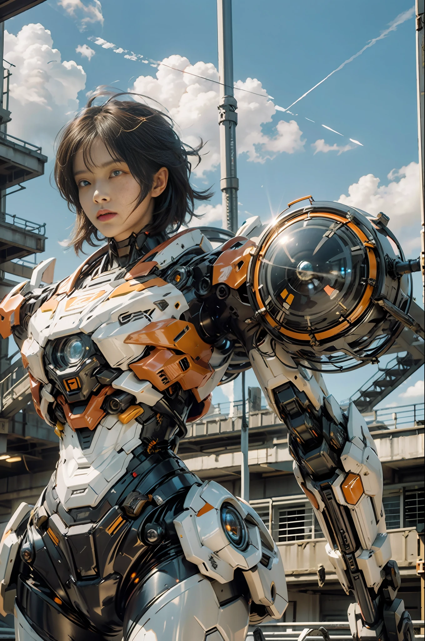 sky, cloud, holding_weapon, no_humans, glowing, , robot, building, glowing_eyes, mecha, science_fiction, city, realistic,light orange mecha