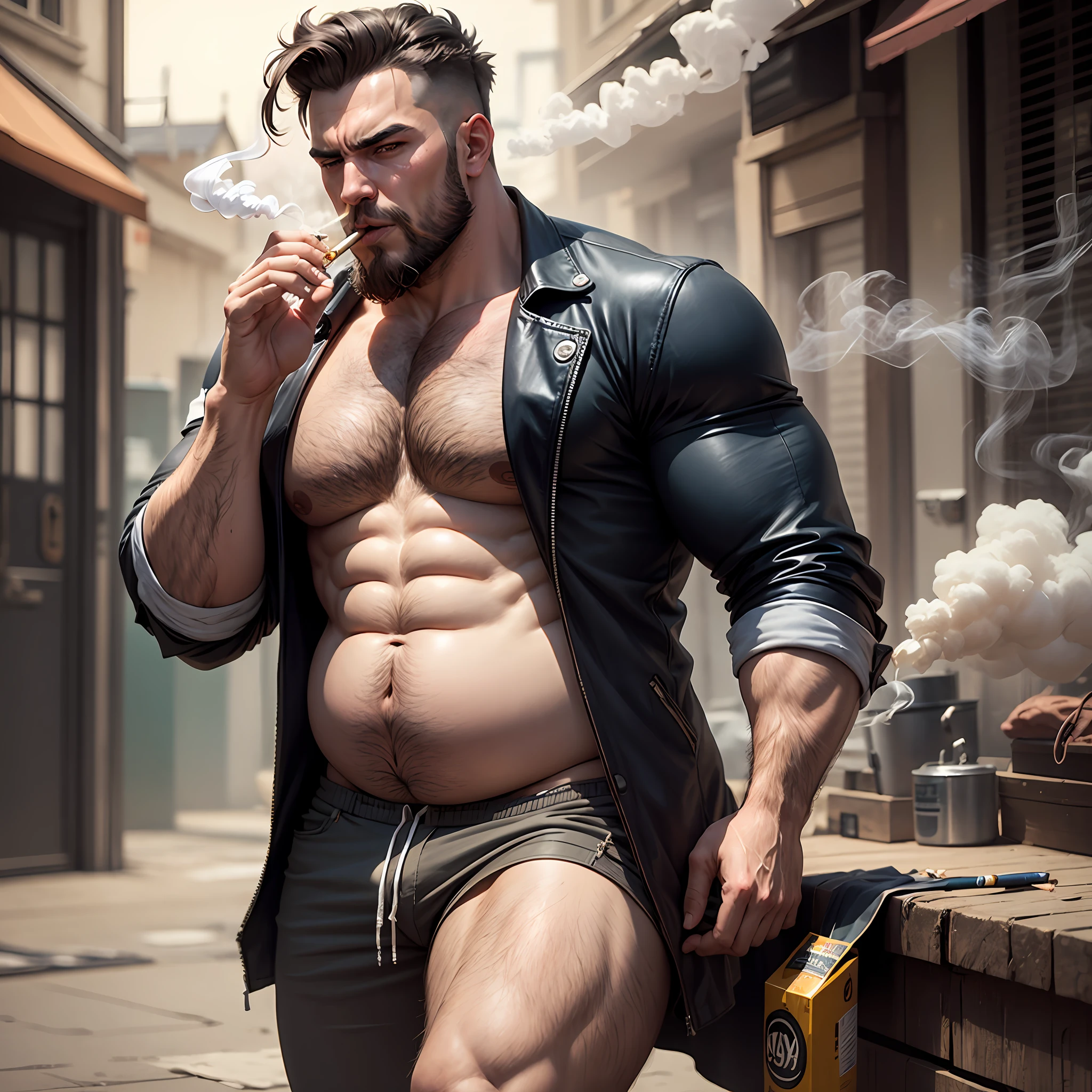Manly character in lether outfit, beard, big belly, fat, smoker, cigarette, cigarette in mouth swallowing, dangling cigarette on lip, manly smoker, smoke fetish