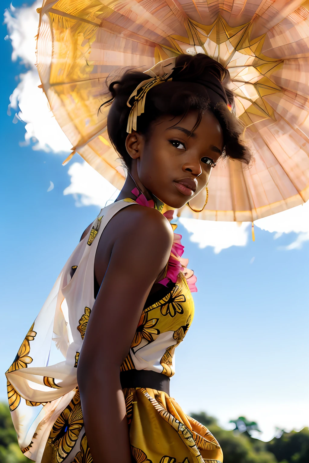 (((very colorful))) ((hyper realistic)) full torso photograph of a young 24 year old (((African woman))) in a flowery silky richly textured short gold buttoned dress with thigh length slit lounging in a beautiful (richly decorated) gazebo by a lush blue lake on a pleasant day subject between the sun and photographer, bright sunny, raw, greatness, indie, and full of magical nature activity, brightly magically lit, shot with professional lenses, panavision motion still, hyper detailed textures, Kodak Portra 400 film, ((35 mm lens)), with double exposure and long exposure techniques and light leaks, (((60s retro vibes))), afro-creative — David Fincher, Emmanuel Lubezki, Gordon Parks, Daido Moriyama, Akinbode Akinbiyi, (((Hasselblad))) (backlighting)