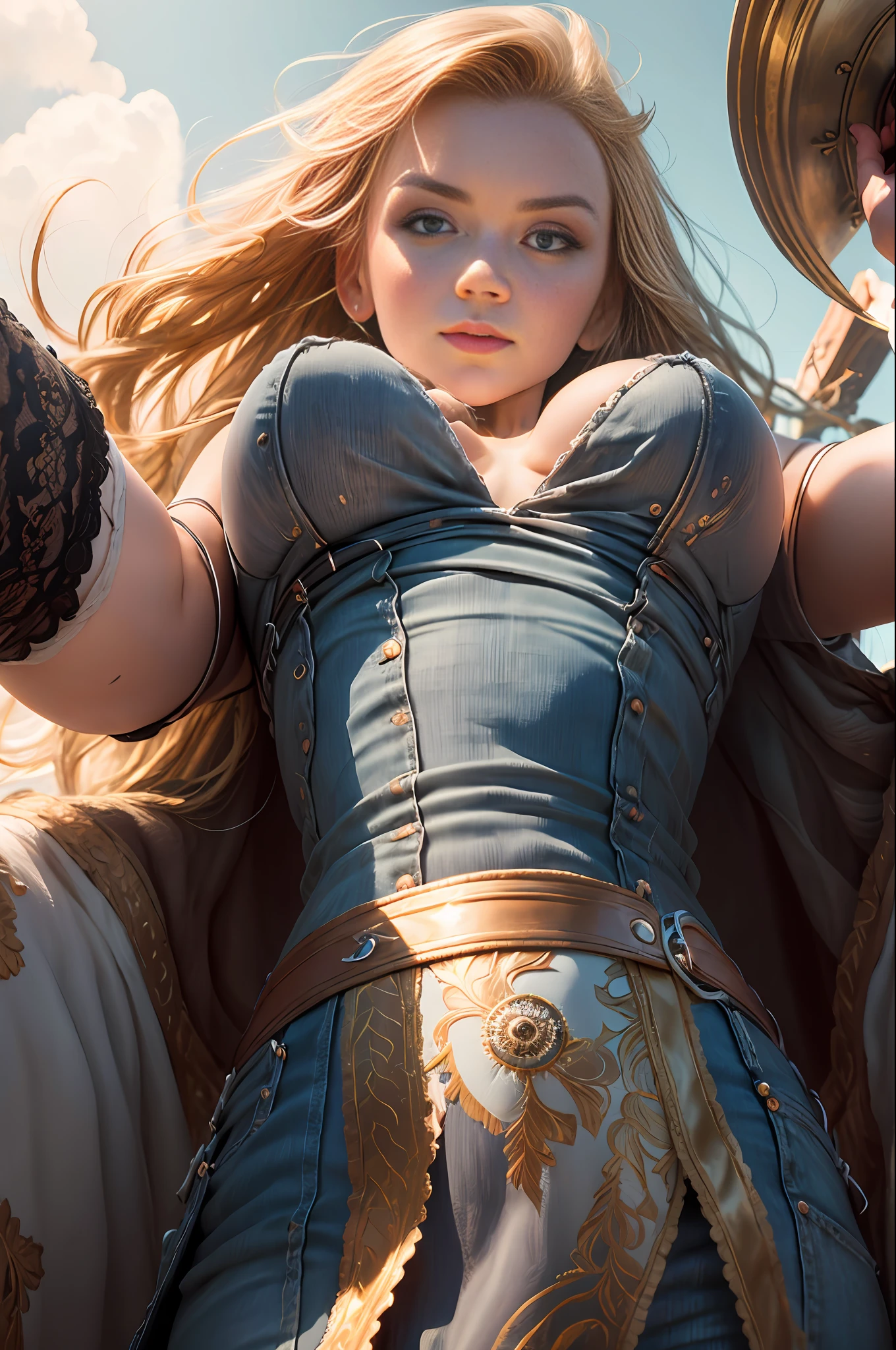 Natalie Dormer, (((from below))), busy castle, foreshortening, (seductive pose), looking at viewer, mad, Amazon maiden, (eye contact),  photorealistic, masterpiece, realistic, high contrast, hyper detailed, best quality, ultra high res, photorealistic, high resolution, detailed, raw photo, huge breasts, fantasy background, glowing chest, auburn braided hair, freckles