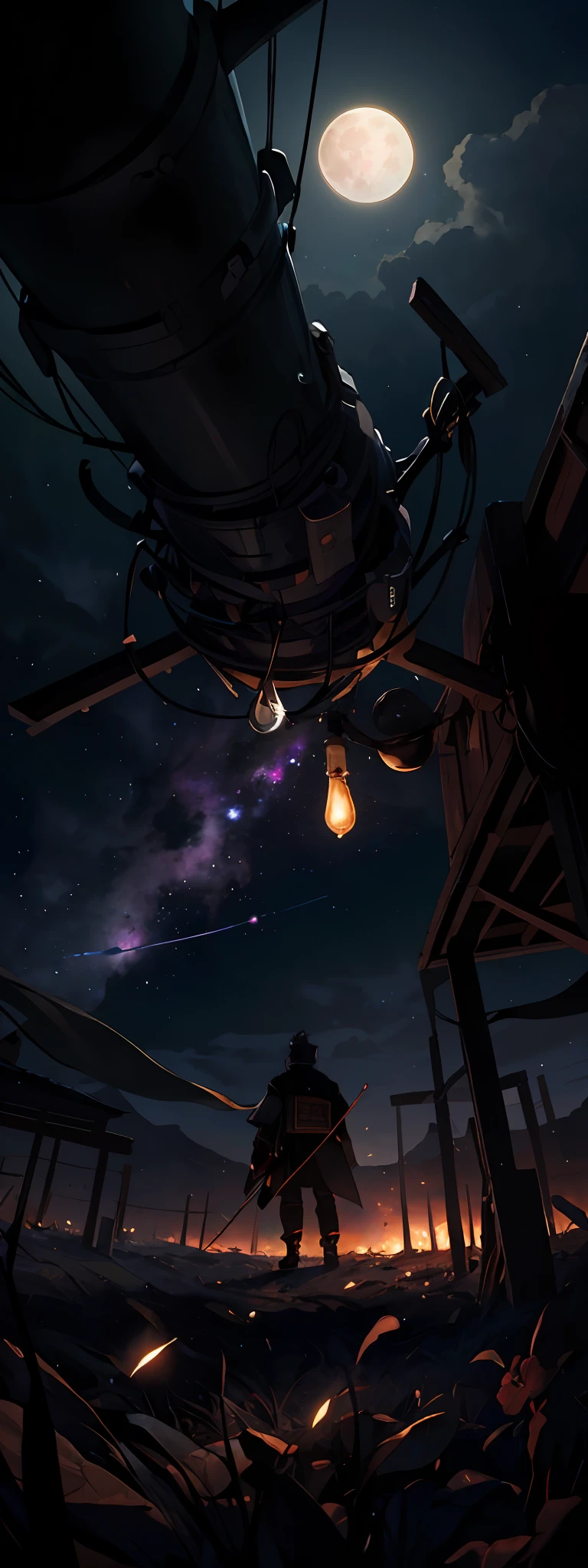 expansive landscape photograph , (a view from below that shows sky above and open field below), a lonle Samurai standing on burning field looking sad, (full moon:1.2), ( shooting stars:0.9), (nebula:1.3), distant mountain, tree BREAK
production art, (warm light source:1.2), (Firefly:1.2), lamp, lot of purple and orange, intricate details, volumetric lighting, realism BREAK
(masterpiece:1.2), (best quality), 4k, ultra-detailed, (dynamic composition:1.4), highly detailed, colorful details,( iridescent colors:1.2), (glowing lighting, atmospheric lighting), dreamy, magical, (solo:1.2)