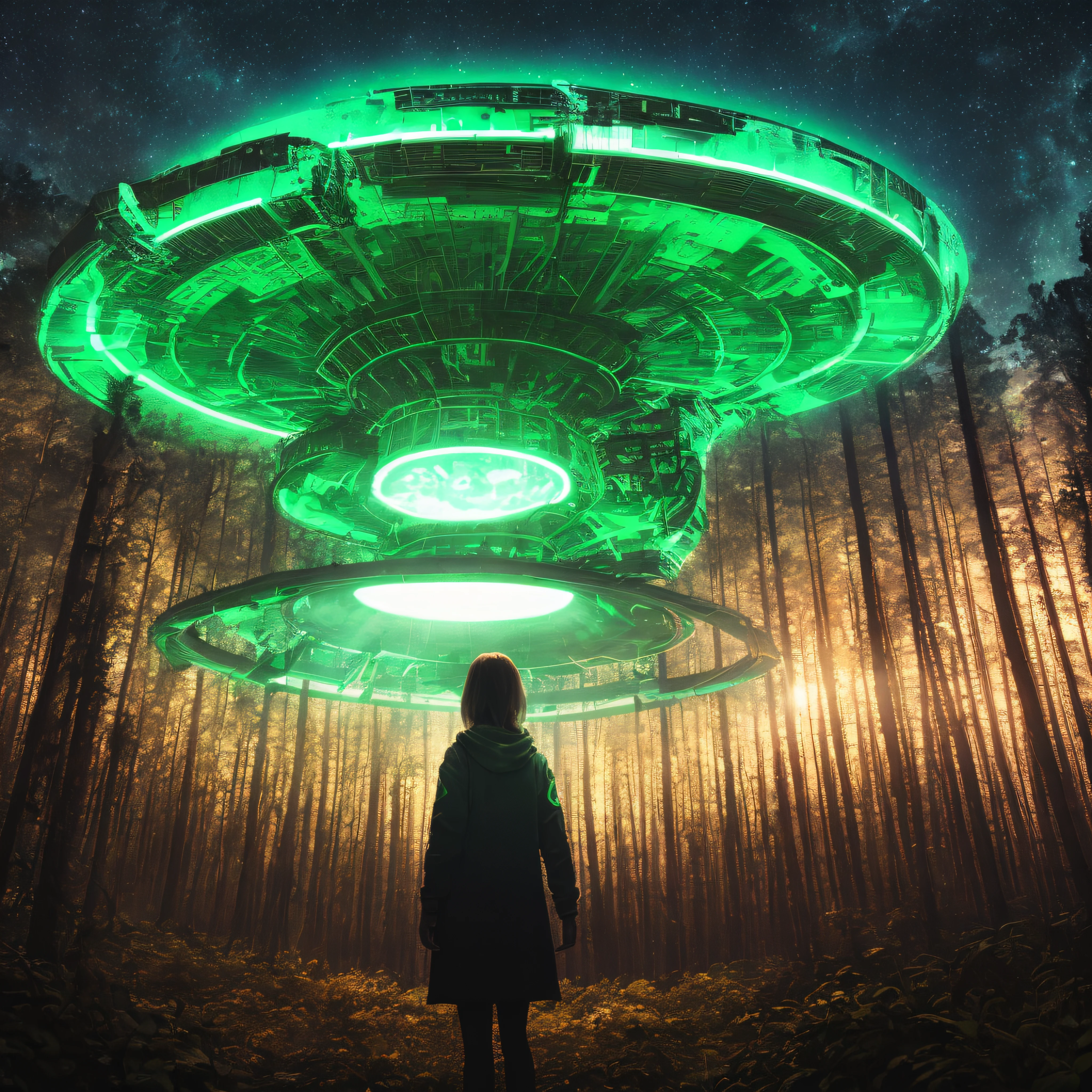 There's a girl in the middle of a forest at night being abducted by a gigantic alienship in the sky, the alienship is multicolored, the alienship emits lasers into the sky, center align composition, neon lights, Lens Burn, chromatic freak, 8K resolution, ultrarealistic, perfect shading, real camera lens, foundfootage (cinematic, best quality, masterpiece, ultra HD textures, highly detailed, hyper realistic, intricate detail, 8k, photorealistic, concept art, matte painting, Autodesk Maya, Vray rendering, ray tracing, HDR)