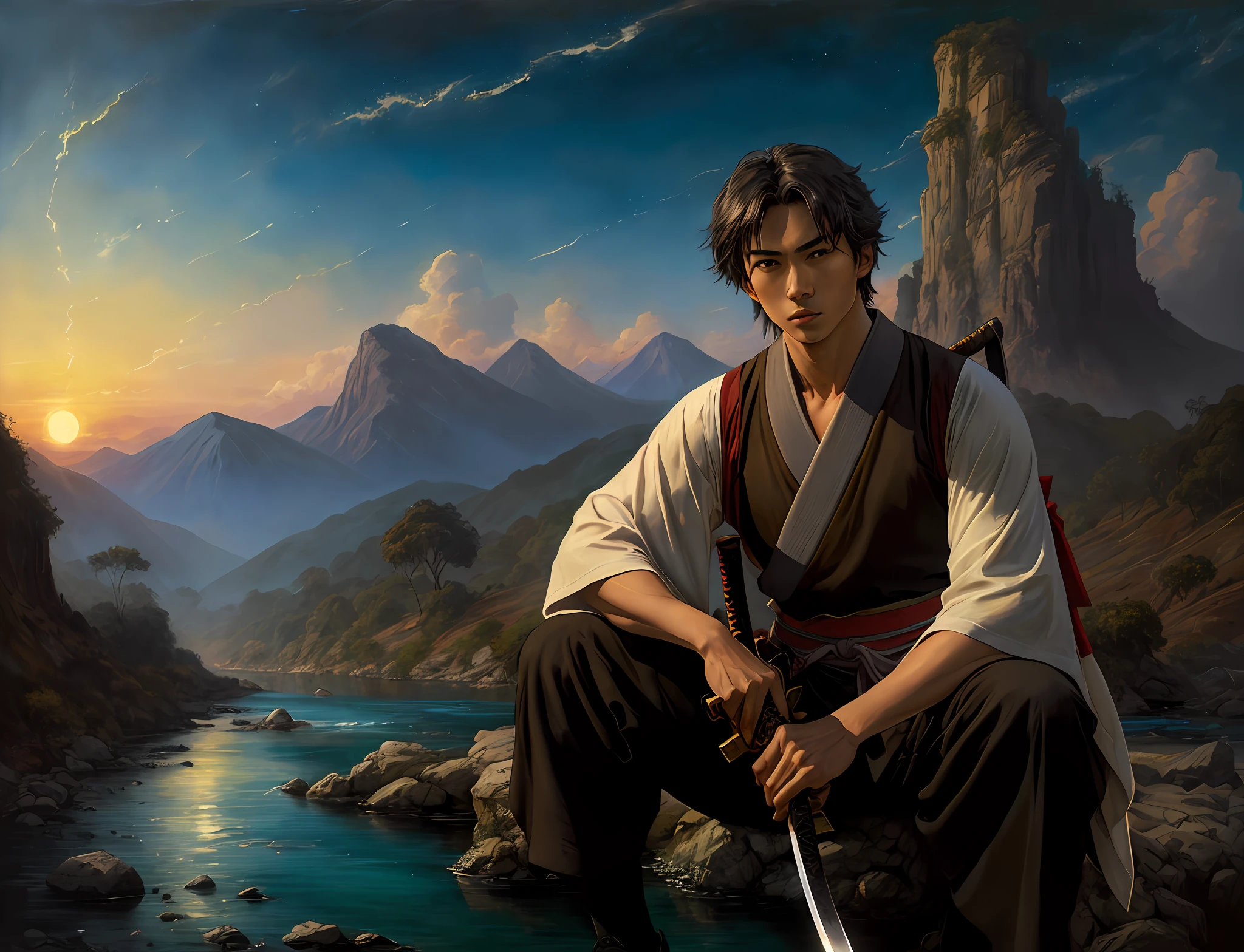 closeup of 1 man, handsome, of Brazilian descentbracos with slightly jumped veins, black hair, wizard sitting by a river, at sunrise, beautiful face, beautiful sky, (oil painting), 0.4, detailed, (fantasy art), muted color: 0.25, best quality, good anatomy, good composition, good proportions, good design, dynamic pose, good pose, realistic sky, realistic backgrounds, (cinematic), (highest quality, award-winning, masterpiece:1.3), (art by Arthur Rackham:0.5), (((natural colors))), (photorealistic:1.4), ((hands hold a katana, with the blade shiny silver))