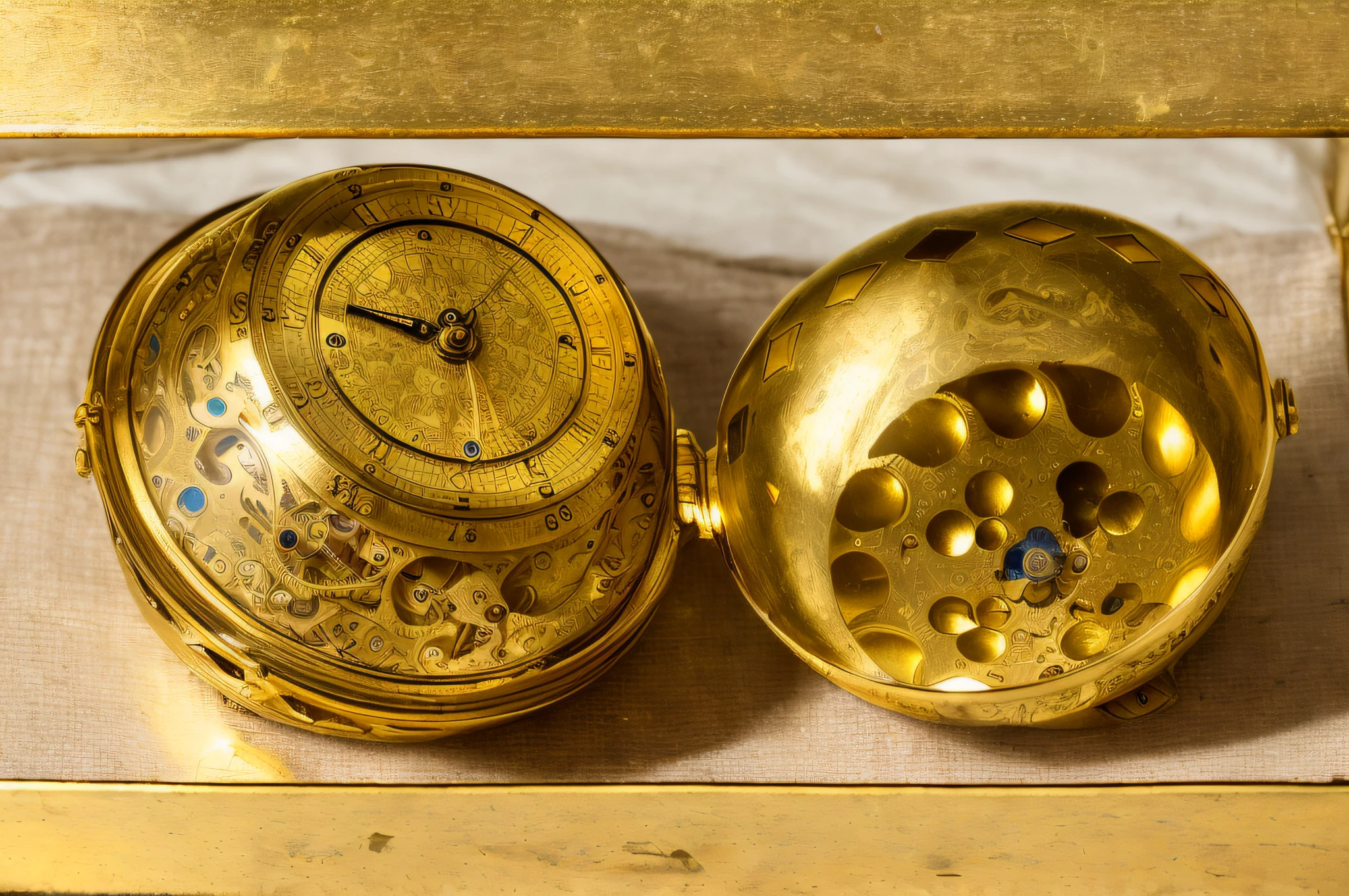 there is a gold watch inside a gold case, reliquary, orrery, baroque object, mechanical clock, astrolabe, detailed and intricate image, pocket watch, with intricate details, by Matthias Stom, pocket watch, baroque objects, the orb of time, intricate precise details, medieval globe, intricate hourglass details, inspiring, 1 4 8 0 s ((Oil image,  ultra-detailed, 8K, maximum quality))