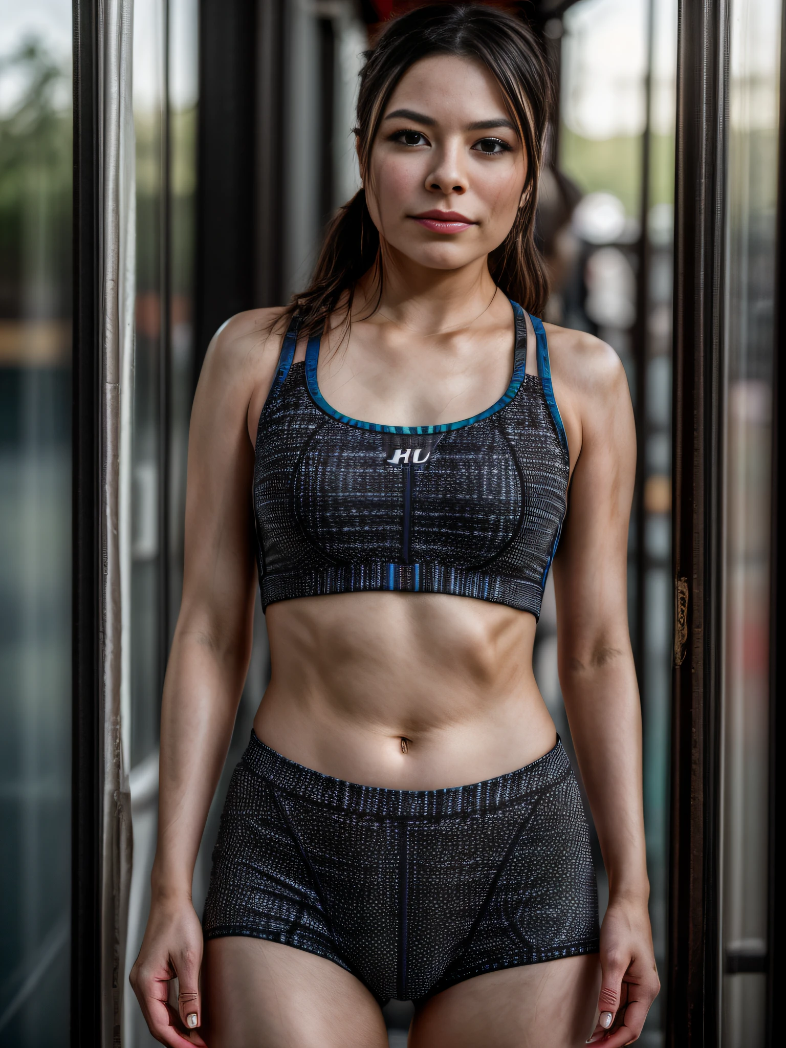 portrait of Miranda Cosgrove, cinematic lighting, depth of field, bokeh, realism, sports bra and tight panties, sweating, photorealistic, hyperrealism, professional photography, uhd, dslr, hdr