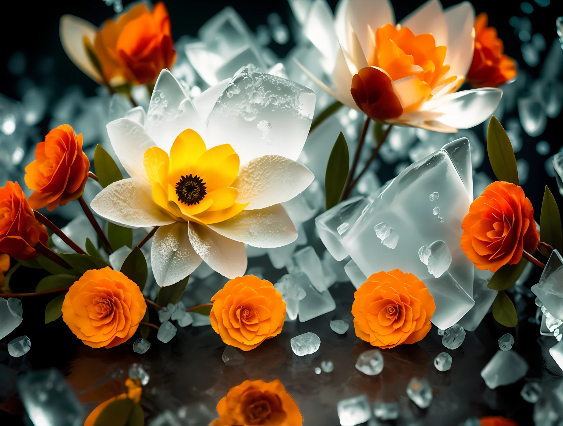 a bunch of flowers that are floating in the water, 
fade, slate gray, orange color lookup, (teal and orange:0.7),  cinematic colors, vignette, lowkey, glowing, dark depth of field