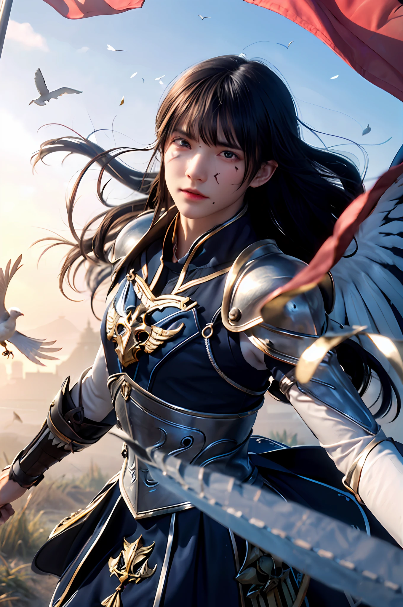 ((Young Men)), Knight, Fluttering Cloak, Ribbon, Silver Western Sword, Sabre, Gauntlet, Elongated Eyes, (((Extremely Clear and Delicate Depiction of Facial Features)))), ((Delicate Eye Depiction)), Dramatic Composition, Film Lighting, Extreme Detail, High Resolution, ((Dynamic Pose))), Silver Armor on Shoulders, Battle Flag Flying, Mist, Dusty, (Fluttering), Floating in the Air, Surrounded by Birds, Bloodstained, Battle Damaged, Wounded, Extreme Detail, High Definition, Depth of Field, Extreme light and shadow, handsome guy, deep eyes, (hair strands are very finely depicted), slightly longer hair
