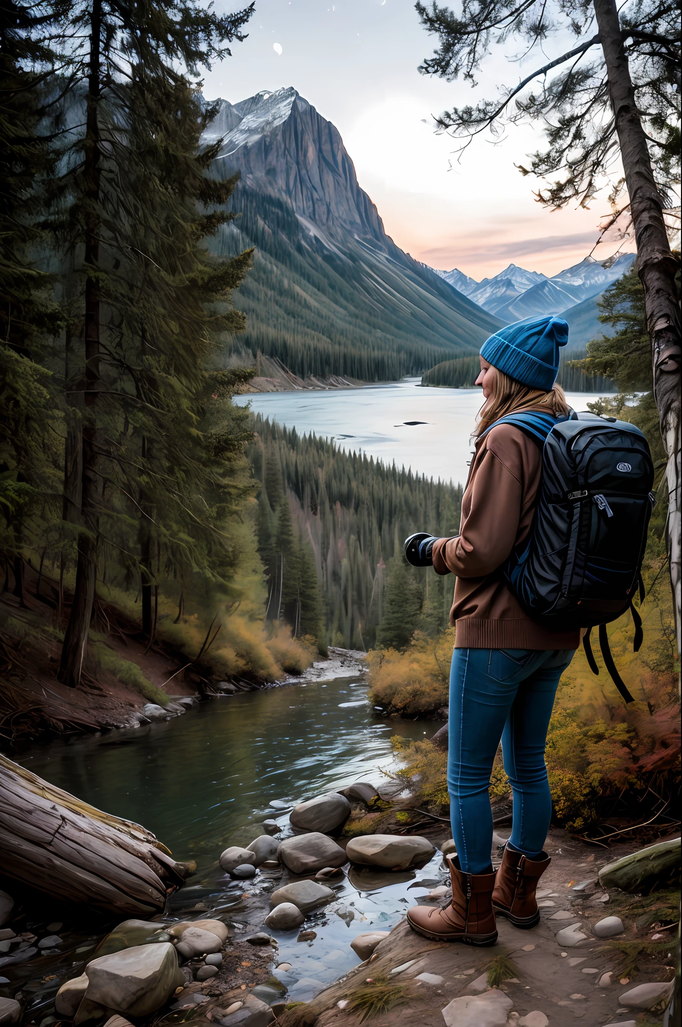 1 woman, masterpiece, best quality, ultra-detailed, solo, outdoor, (night), mountains, nature, (stars, moon) cheerful, happy, backpack, sleeping bag, camping stove, water bottle, mountain boots, gloves, sweater, hat, lantern, forest, stones, river, wood, smoke, shadows, contrast, clear sky, style, (warm hue, warm tone): 1.2), close-up, cinematic light, side lighting, ultra high resolution, best shadow, RAW, upper body, old man, wearing pullover