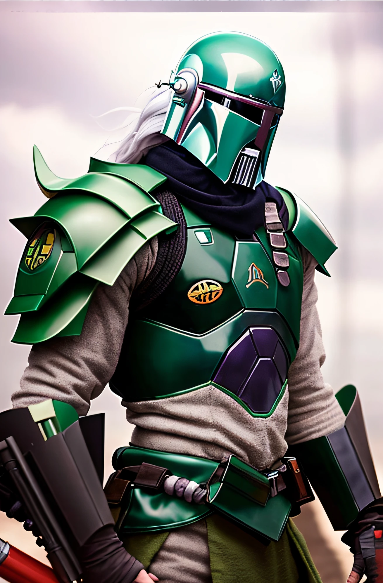 A closeup of a person with helmet and armor, purple and green armor, white hair, Mandalorian, Vikings x Boba Fett, mandalorian, from The Mandalorian (2019), The Mandalorian, The Mandalorian on beach set in Rio de Janeiro, Boba Fett, Vikings, moss green armor, white fabric, silver and black steel, high resolution, closeup of character art, dystopian bounty hunter, wearing green armor and helmet, Wojtek Fus