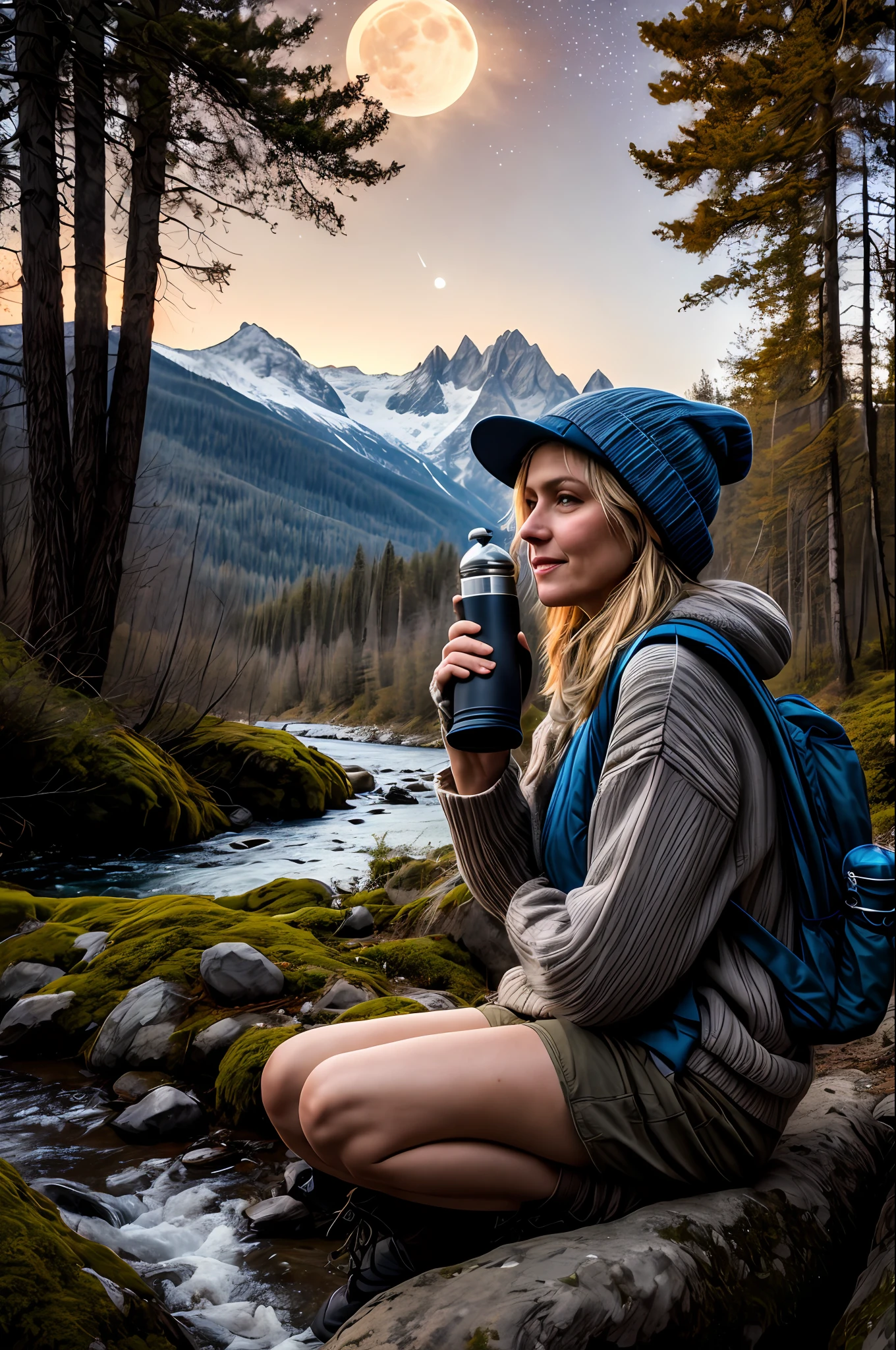 1 woman, masterpiece, best quality, ultra-detailed, solo, outdoor, (night), mountains, nature, (stars, moon) cheerful, happy, backpack, sleeping bag, camping stove, water bottle, mountain boots, gloves, sweater, hat, lantern, forest, stones, river, wood, smoke, shadows, contrast, clear sky, style, (warm hue, warm tone): 1.2), close-up, cinematic light, side lighting, ultra high resolution, best shadow, RAW, upper body, old man, wearing pullover