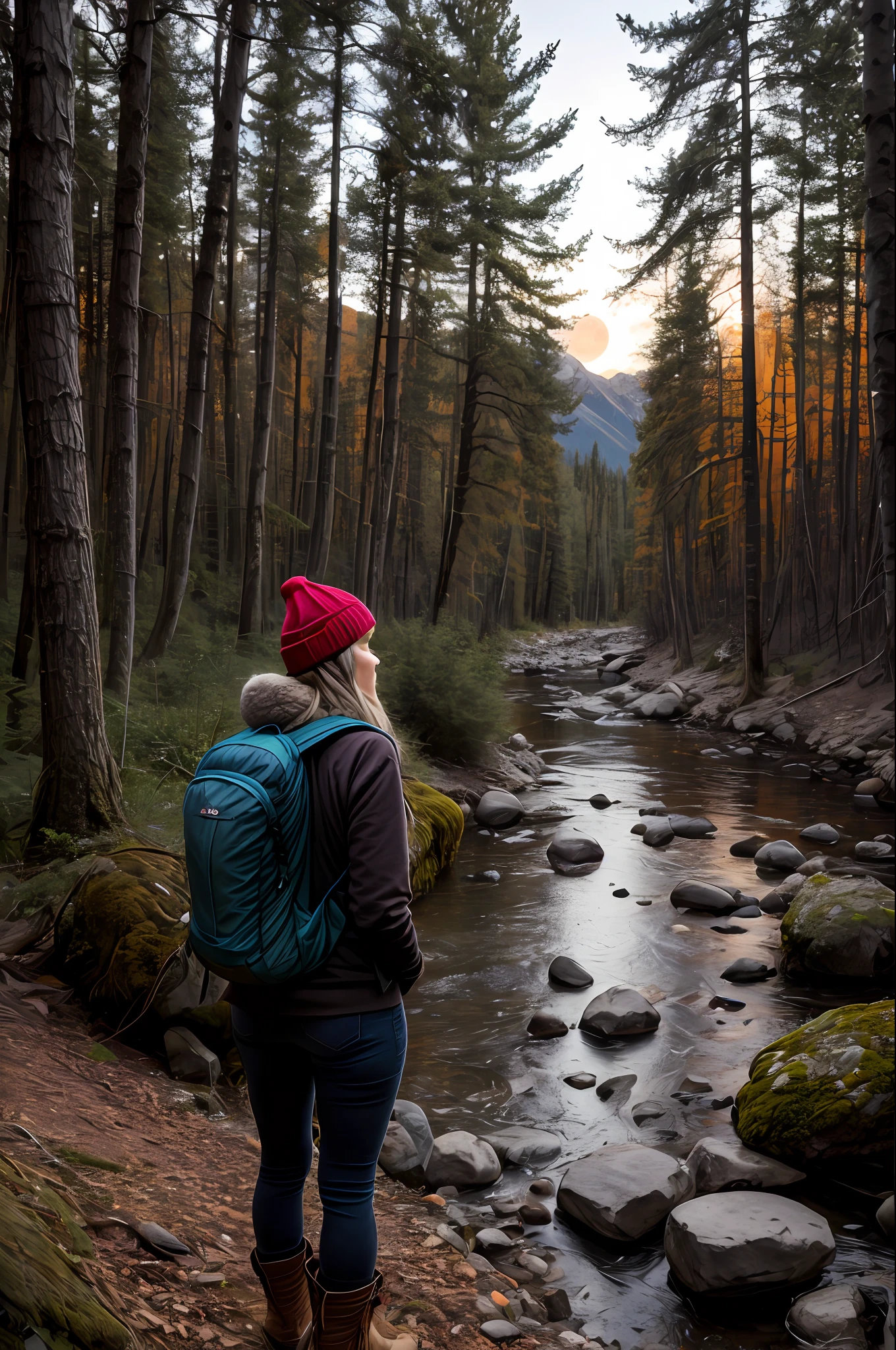 1 woman, masterpiece, best quality, ultra-detailed, solo, outdoor, (night), mountains, nature, (stars, moon) cheerful, happy, backpack, sleeping bag, camping stove, water bottle, mountain boots, gloves, sweater, hat, lantern, forest, stones, river, wood, smoke, shadows, contrast, clear sky, style, (warm hue, warm tone): 1.2), close-up, cinematic light, side lighting, ultra high resolution, best shadow, RAW, upper body, old man, wearing pullover