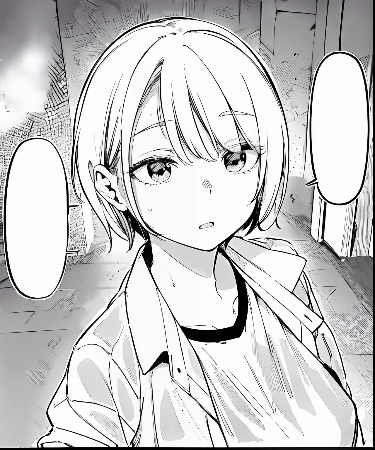 anime girl with short hair and glasses looking at the camera, black and white manga panel, in manga style, detailed manga style, black and white manga page, black and white manga style, manga page, in style of manga, ( ( ( yoshinari yoh ) ) ), sayori, manga panels, rei hiroe, sui ishida art manga, manga panel