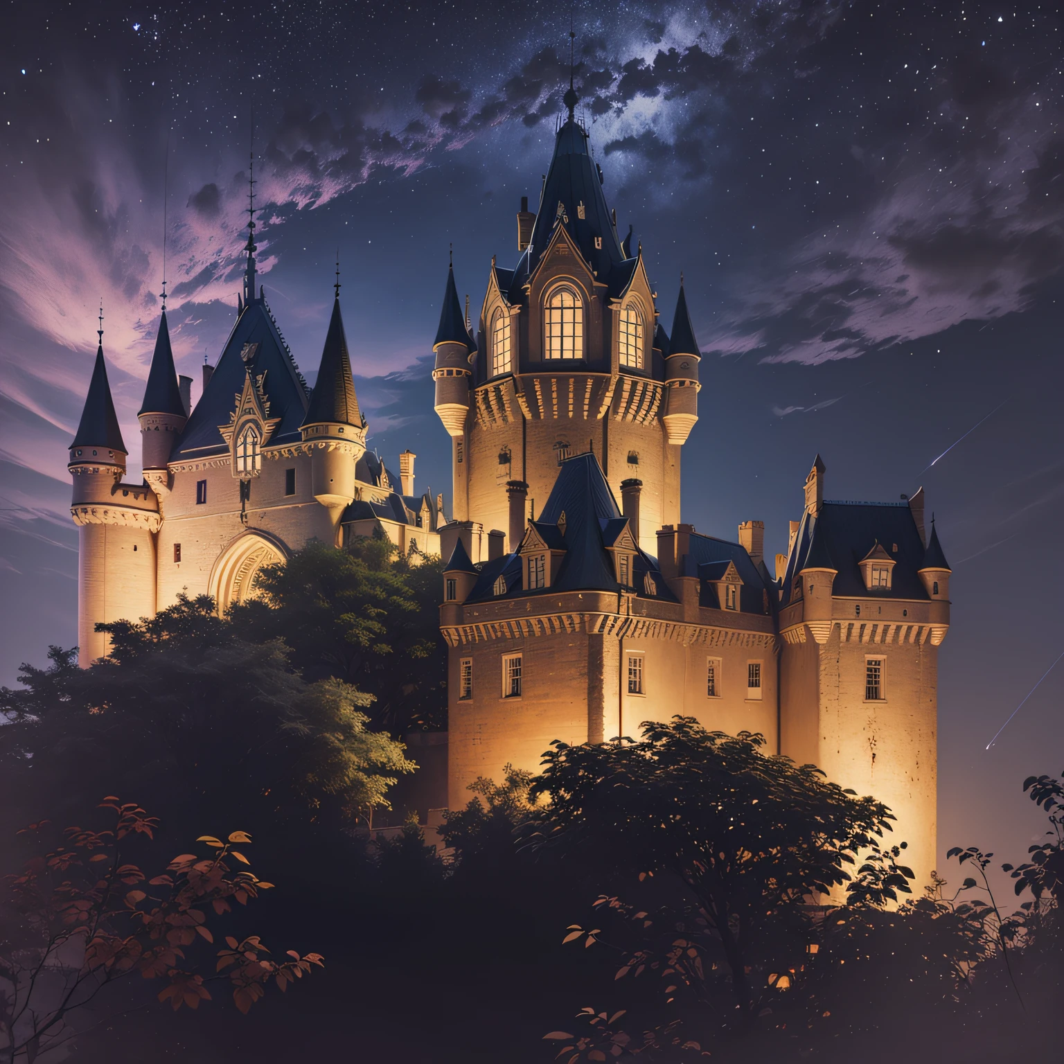 Garden with magic roses in front of the castle, milky way, dark botanical, fireflies, garland, fairy dust, closeup, high detail, sharpness, cgi, 16k --auto