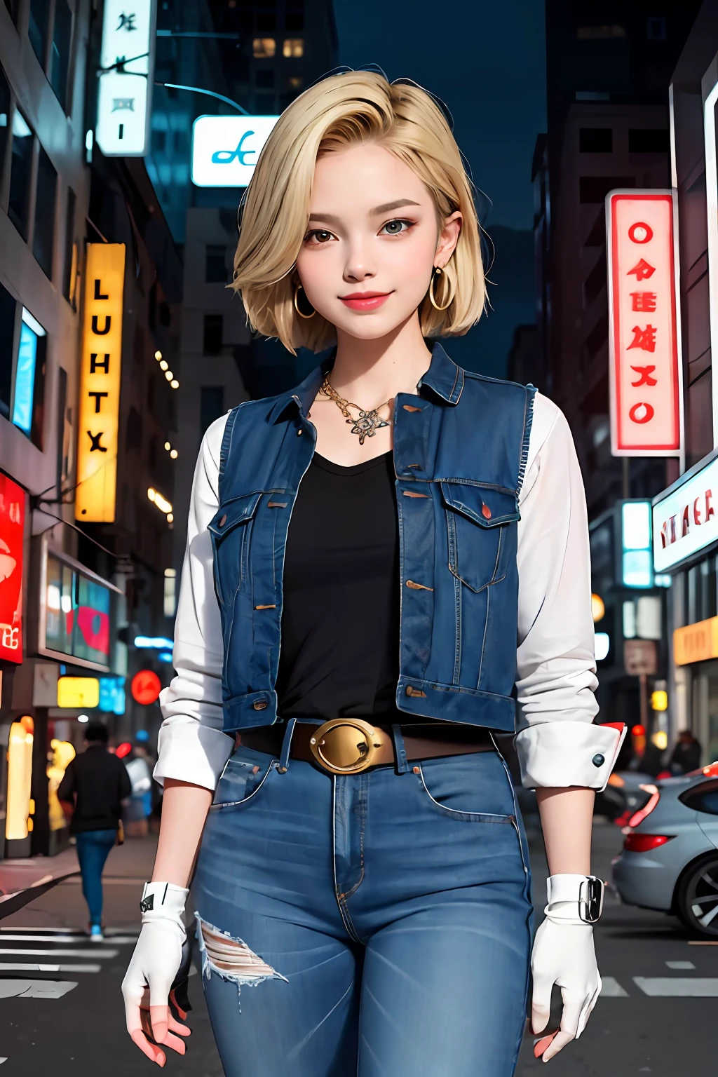 masterpiece, best quality, ultra-detailed, absurd, Portrait of cute Android18DB, solo, earrings, jewelry, jeans, smile, belt, vest, pants, gloves, necklace, jeans, cyberpunk street bustling with neon signs, volumetric lighting, best quality, masterpiece, intricate details, tonemapping, sharp focus, hyper detailed, trend in Artstation,