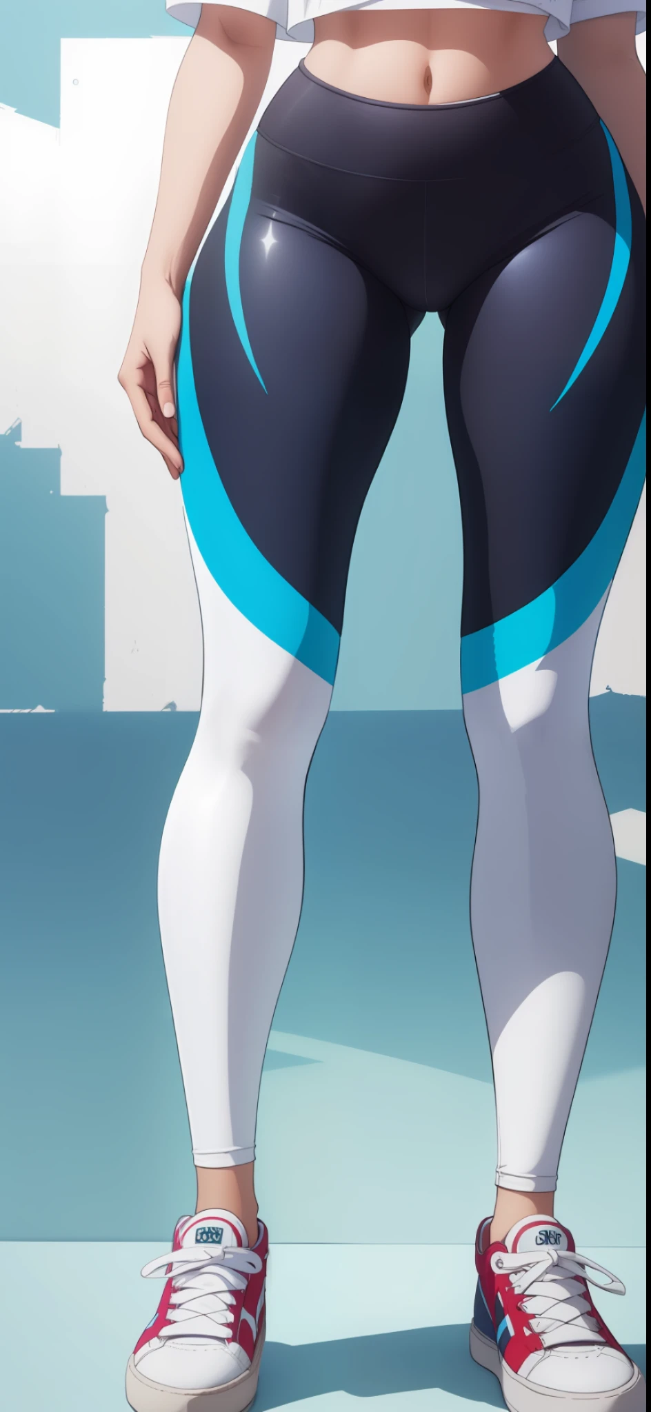"An ultra-detailed 8k masterpiece best quality and high saturation. The image features a clothing illustration with a stunning thick european girl wearing a tight sheer leggings outfit, including tight open shirt, F cup, white sneakers, and a blue background."