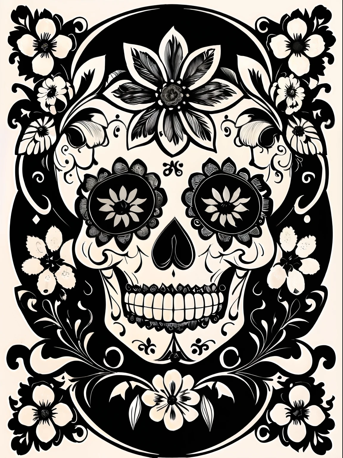 (Best Quality), (Masterpiece), (Ultra Detailed), (High Detail), (Extremely Detailed), Sugar Skull + Black & White Ink + Detailed Texture + Magic + Symmetry + Bouquet of Flowers + Flowers + Vines + Detailed Ink Illustration + Renaissance Symbols + Tarot Card with Ornate Border Frame + Dark Atmosphere + Flowers + White, Vector, Black & White Background, Colorless Page, 8k