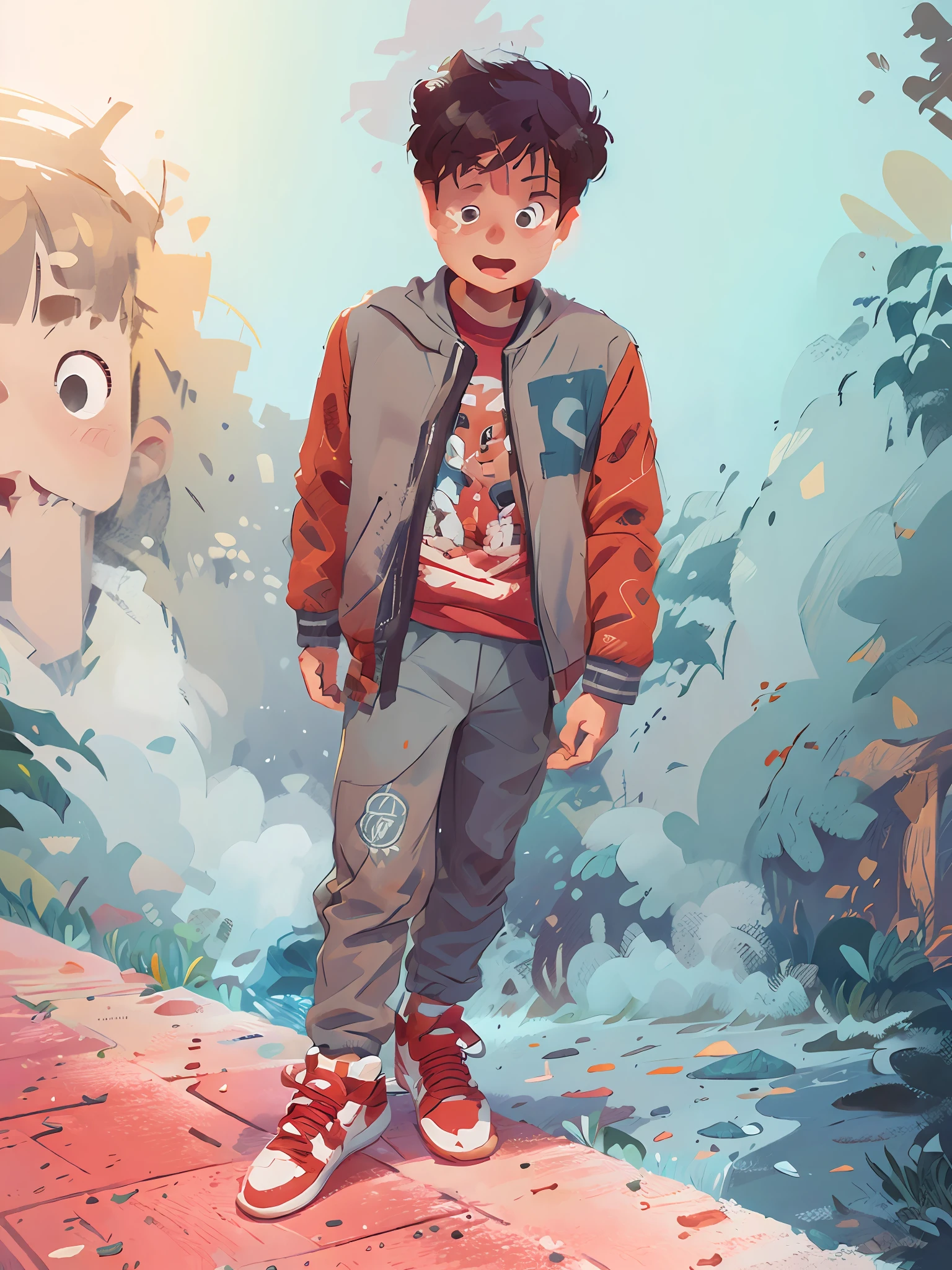 A 5--old  starts in front of a sidewalk. Red sneakers, grey tracksuit and a grey jacket. (Very detailed face:2), (real eyes:1.2), 8k