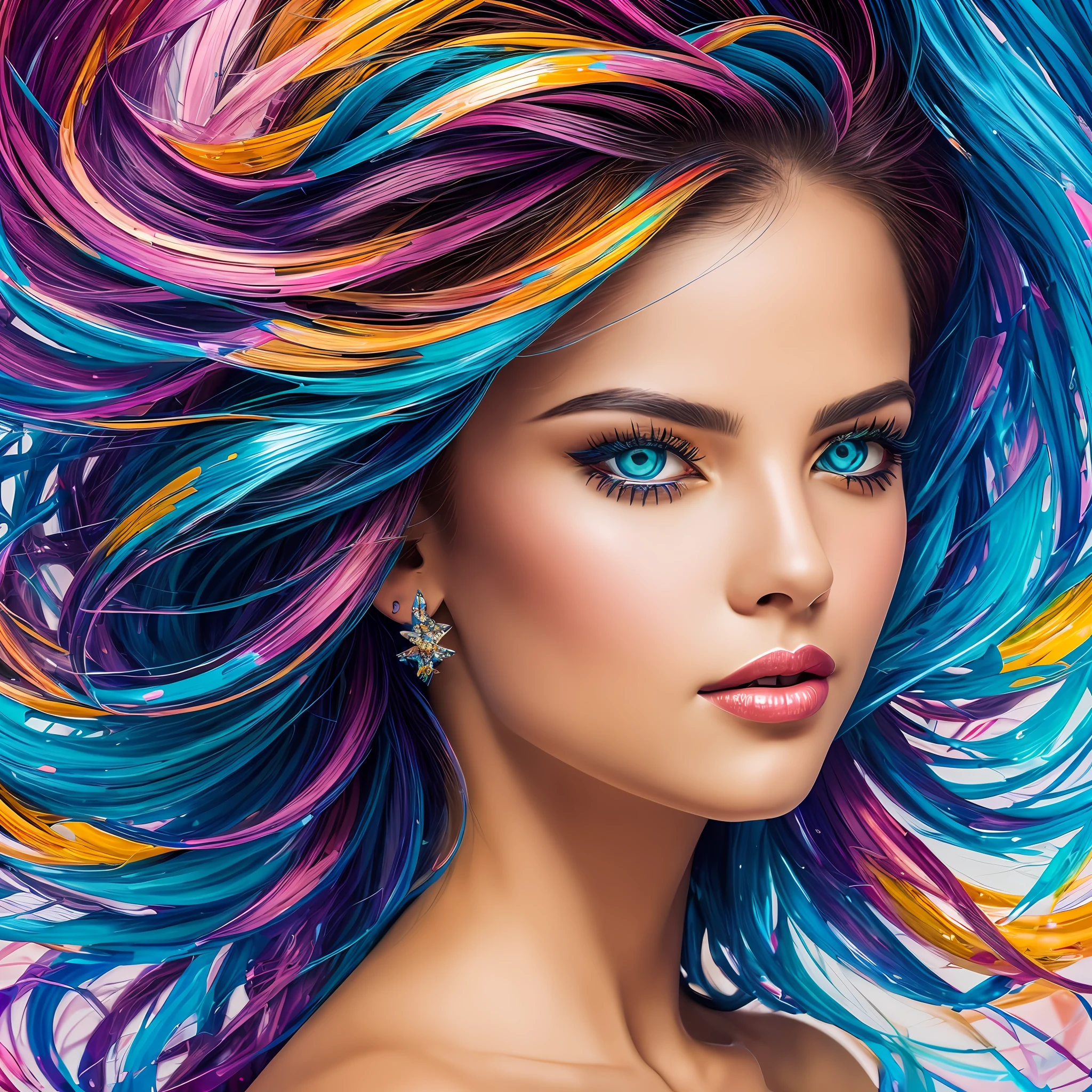 wild mystical lady with waving hair, metallic shine, detailed symmetric eyes, detailed gorgeous face,, anatomically correct, flawless, appearing from colorful liquid oil paint, emerging out of swirling paint best quality, rainbow colors, in style of Andrew Atroshenko, light and glittering and magic diamond shine, magical, ethereal, 8k uhd, dslr, soft lighting, high quality, film grain, Fujifilm XT3 --auto