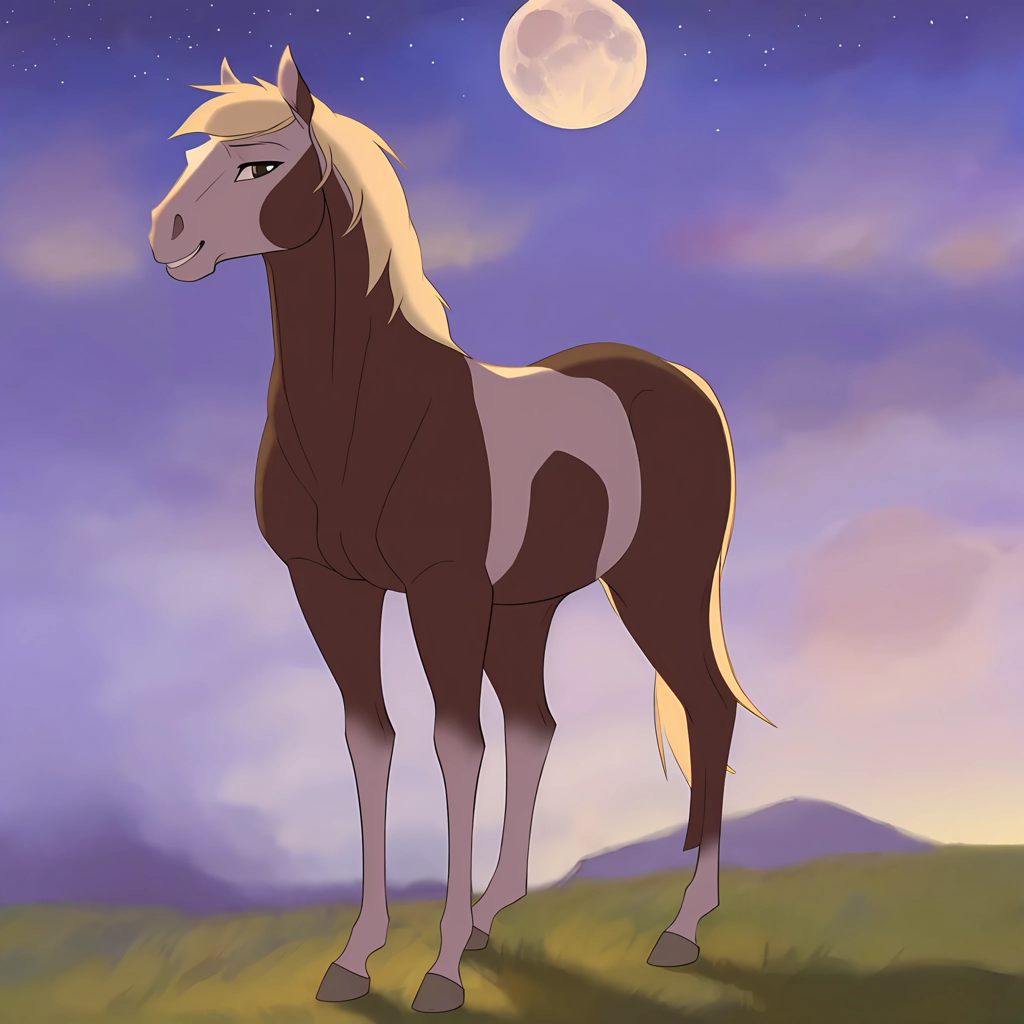 Rain_from_spirit2002, a beautiful horse stands against the starry sky, a big moon, a lush mane, a starry sky, one head, four legs