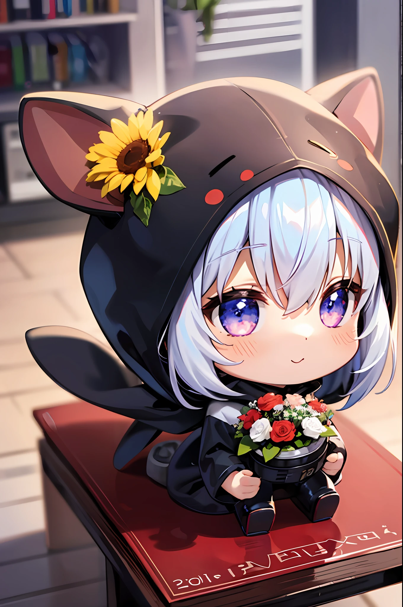 (Chibi: 1.3), happy, (holding a bouquet), full body, (Kigurumi), indoors, on the table, (Nendoroid),