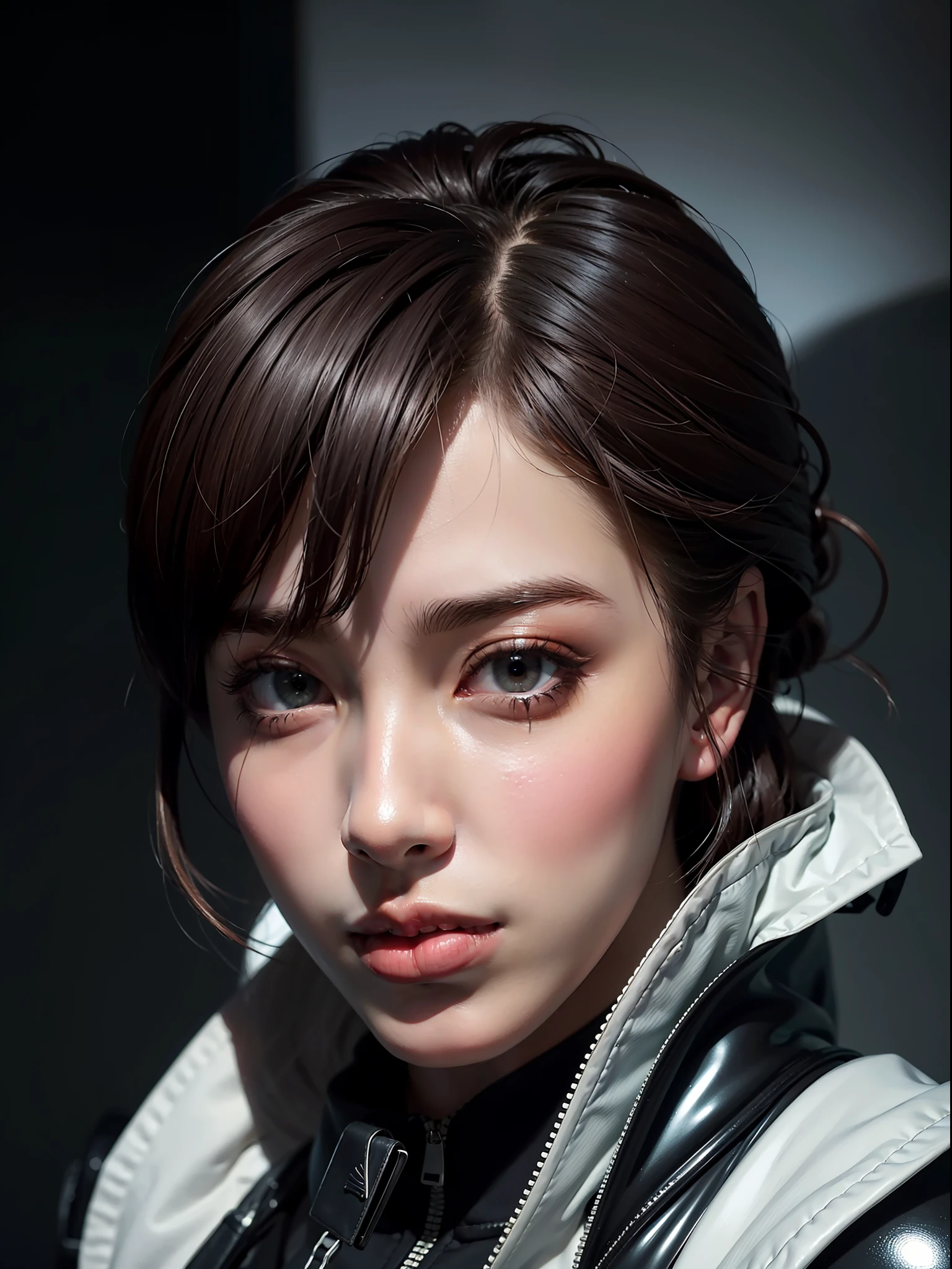 Best quality, masterpiece, ultra high res, (photorealistic:1.4), raw photo, makoto, persona 5, latex police uniform, in the dark, deep shadow, low key, cold light