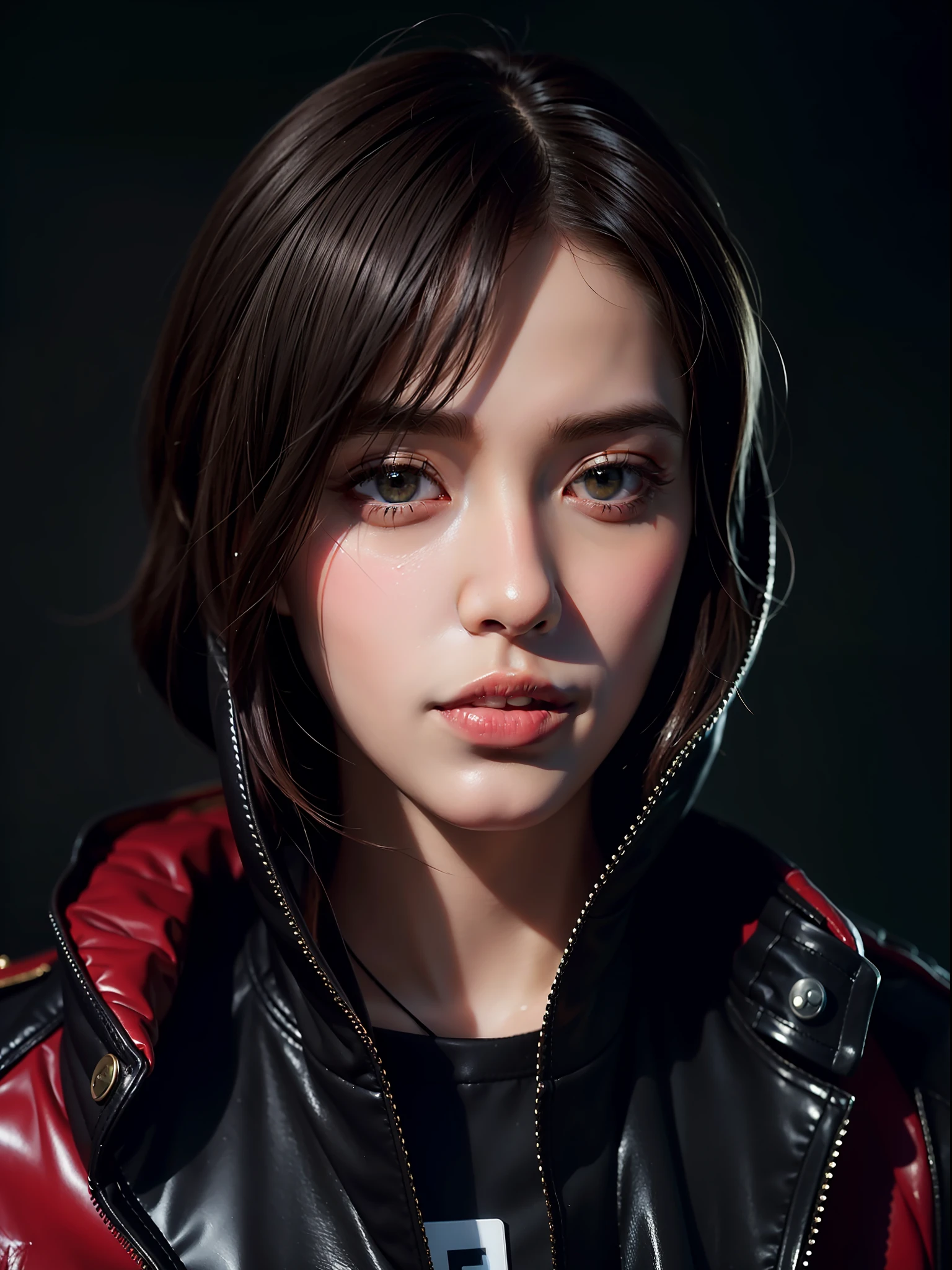 Best quality, masterpiece, ultra high res, (photorealistic:1.4), raw photo, makoto, persona 5, latex police uniform, in the dark, deep shadow, low key, cold light