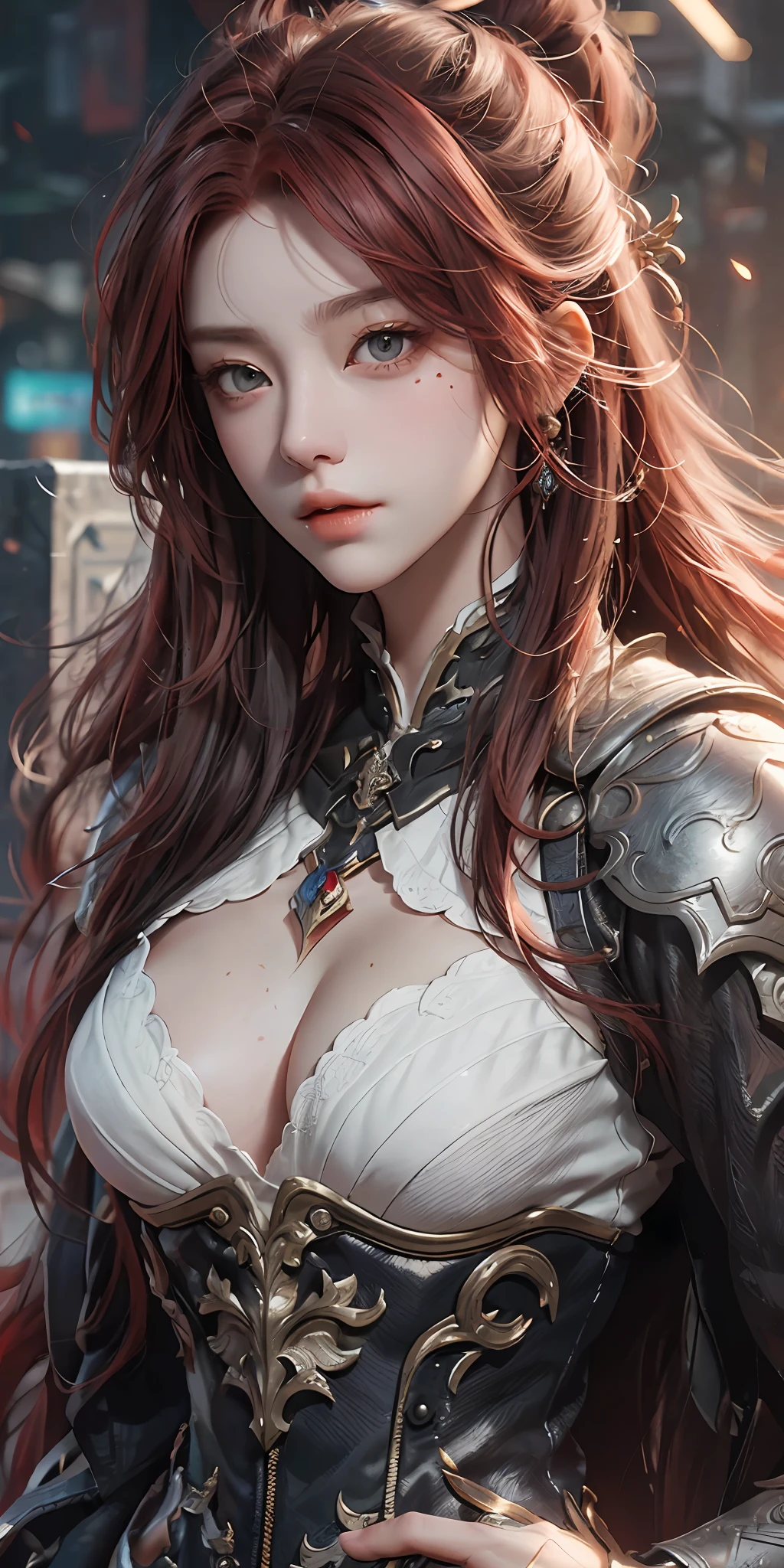 Close-up of a red-haired woman wearing a white mask, Guviz style artwork, seductive redhead, Yang J, epic fine character art, stunning character art, Fan Qi, Wu Zhun Shifan, Guvitz at the Pixiv Art Station.