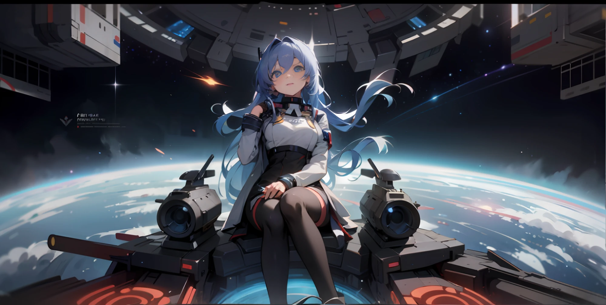 Anime girl sitting on a spaceship and can see the earth, portrait anime space cadet girl, Kantai collection style, official artwork, anime mecha aesthetics, Azur Lane style, from ark night, anime style 4 K, best anime 4k konahan wallpaper, night core, girl front universe, mecha aesthetics, powerful woman sitting in space, extremely detailed eyes and face