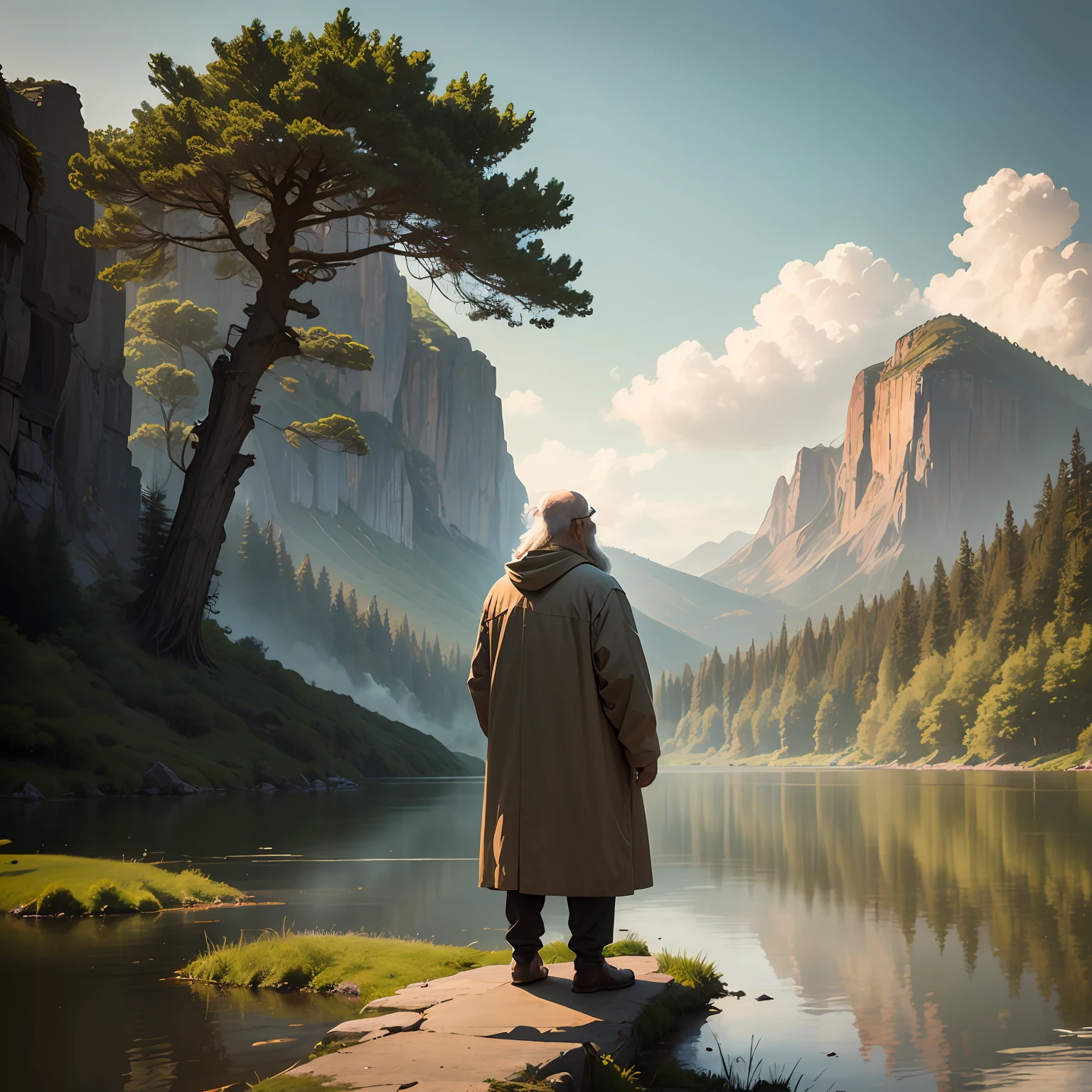 "In the midst of a tranquil and serene landscape, a wise old man stands on the edge of a mysterious lake. His wrinkled figure and long beard tell stories of a life dedicated to the pursuit of knowledge and wisdom that transcends generations. --auto