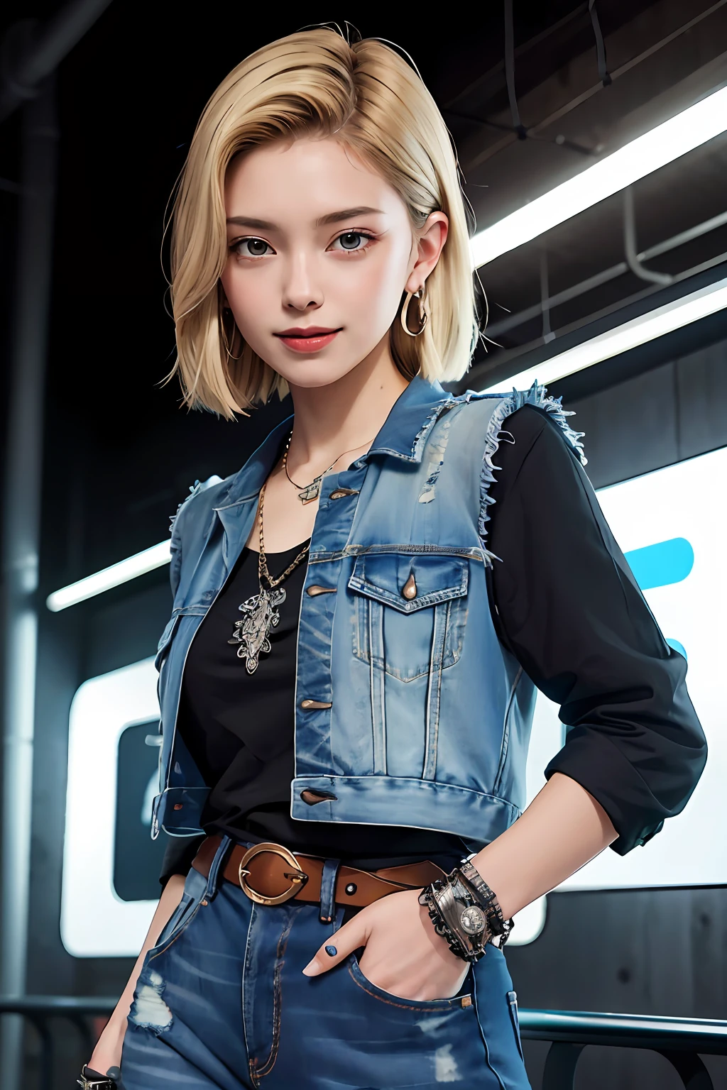 masterpiece, best quality, ultra-detailed, absurd, Portrait of cute Android18DB, solo, earrings, jewelry, jeans, smile, belt, vest, pants, gloves, necklace, jeans, cyberpunk street bustling with neon signs, volumetric lighting, best quality, masterpiece, intricate details, tonemapping, sharp focus, hyper detailed, trend in Artstation,