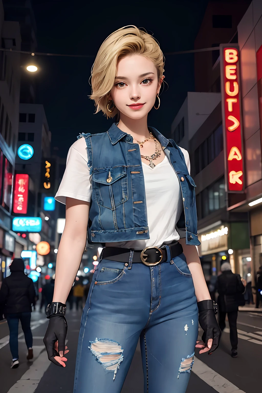 masterpiece, best quality, ultra-detailed, absurd, Portrait of cute Android18DB, solo, earrings, jewelry, jeans, smile, belt, vest, pants, gloves, necklace, jeans, cyberpunk street bustling with neon signs, volumetric lighting, best quality, masterpiece, intricate details, tonemapping, sharp focus, hyper detailed, trend in Artstation,