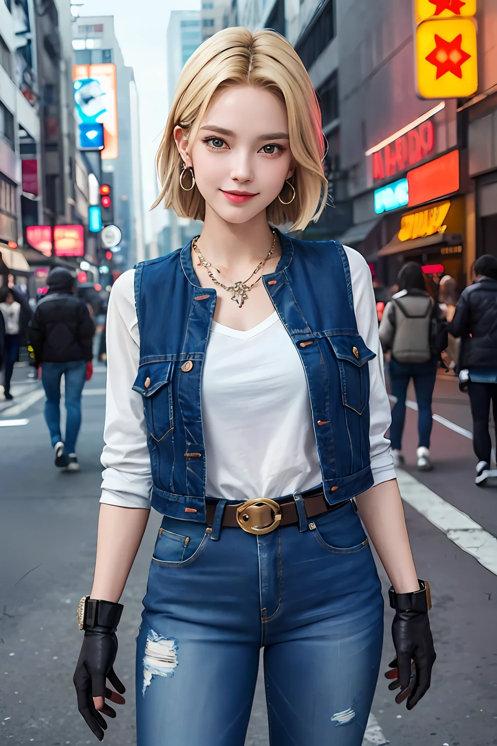 masterpiece, best quality, ultra-detailed, absurd, Portrait of cute Android18DB, solo, earrings, jewelry, jeans, smile, belt, vest, pants, gloves, necklace, jeans, cyberpunk street bustling with neon signs, volumetric lighting, best quality, masterpiece, intricate details, tonemapping, sharp focus, hyper detailed, trend in Artstation,