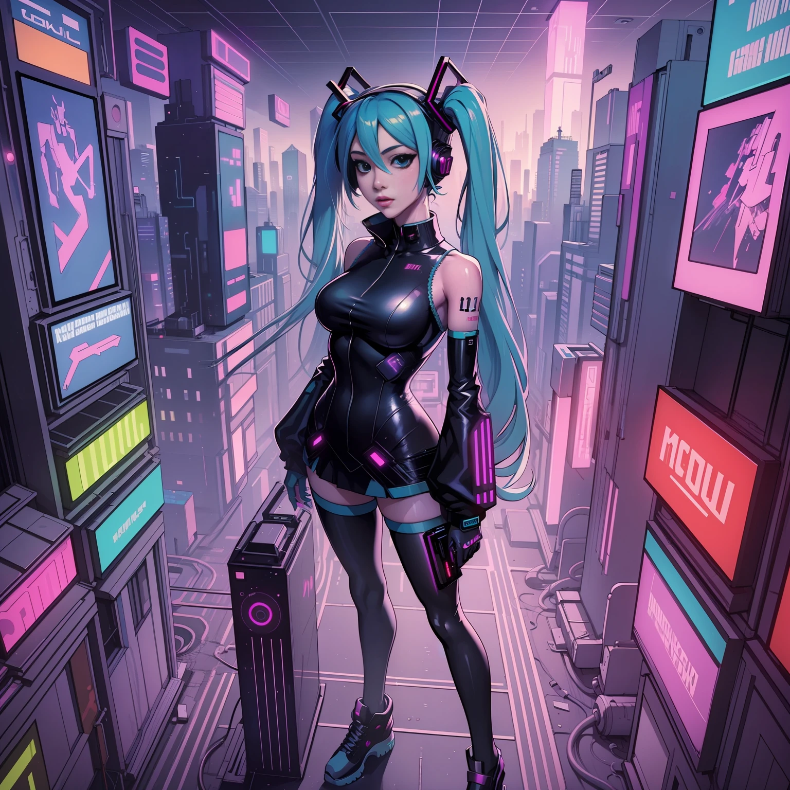 Vaporwave, (masterpiece:1.3), (best quality), Hatsune miku, cyberpunk, futuristic city