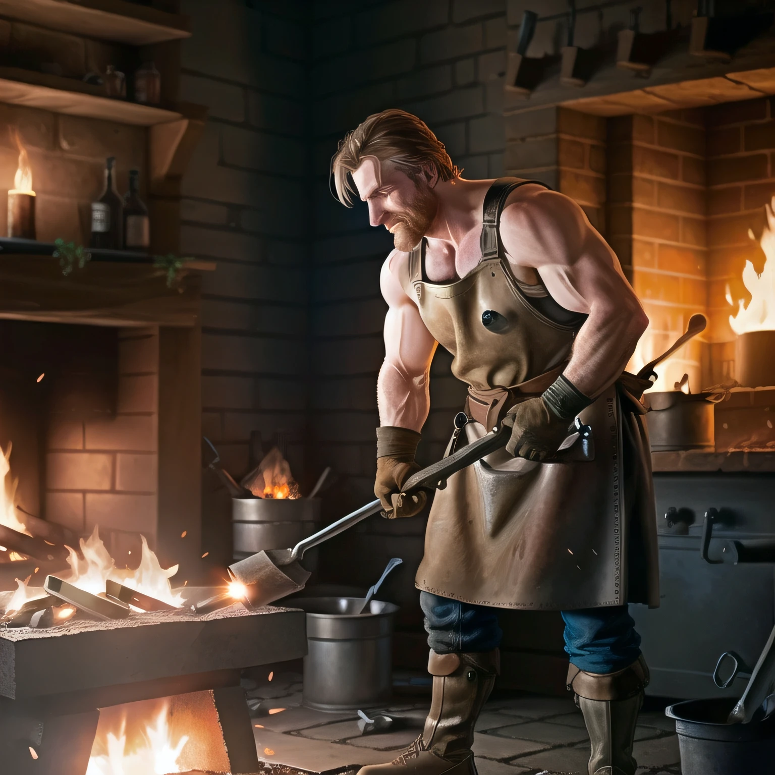 blacksmith holding a hammer working at an anvil, fire, embers, leather apron, medieval, detailed, magical, fantasy art