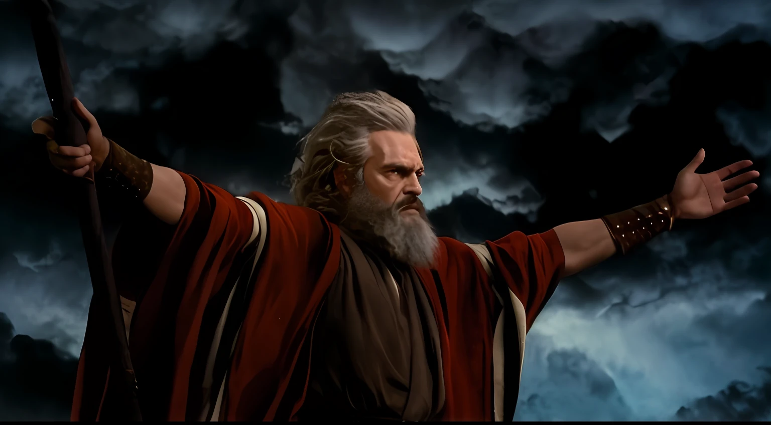 a man in a red robe holding a staff in front of a cloudy sky, moses, biblical epic movie, epic scene of zeus, epic biblical depiction, a george miller film, nicodemus, fully clothed in red robes, digitally remastered, film still from god of war, the god zeus, by Everett Warner, pendleton ward, christian saint, orson welles
