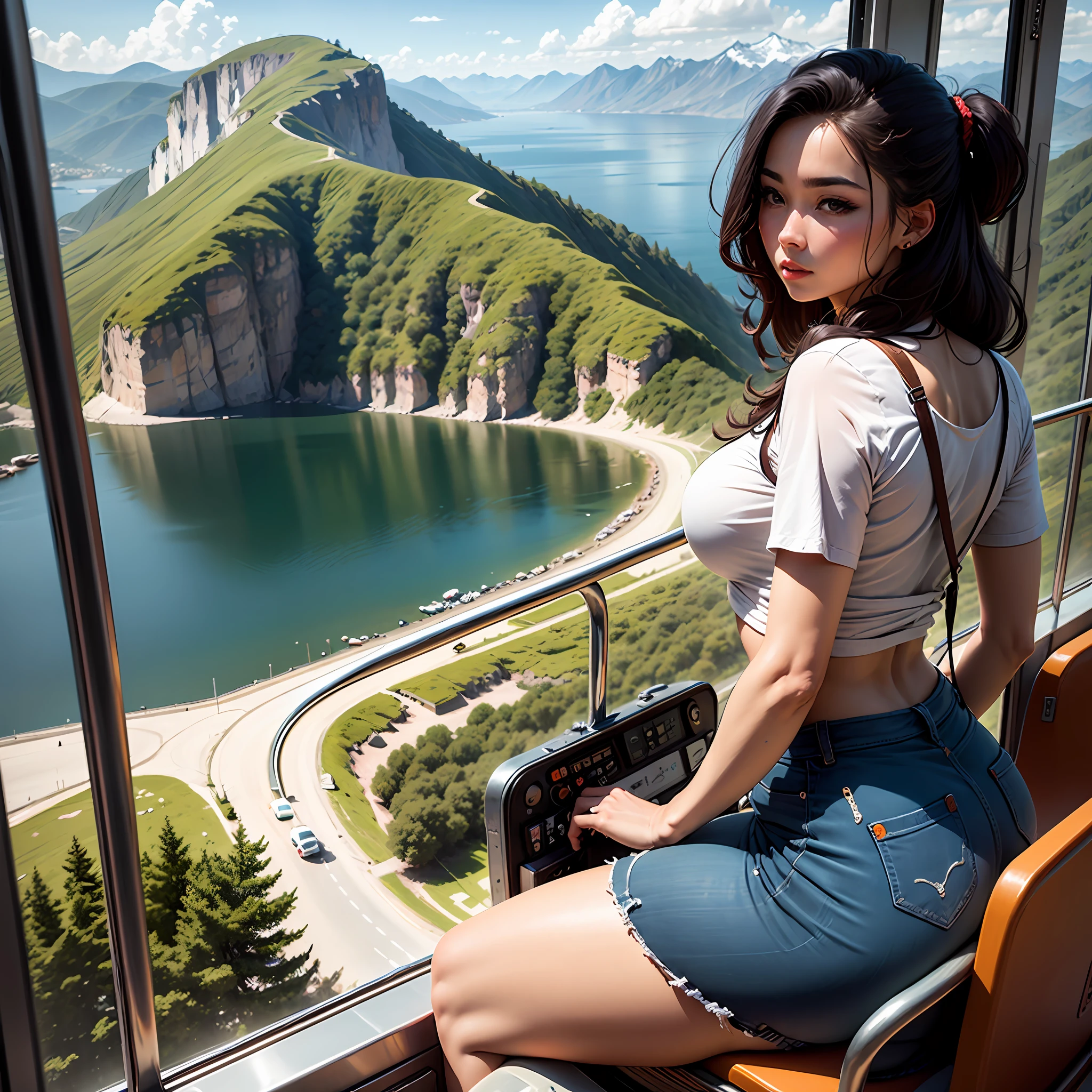 A beautiful woman on a road bus with many curves and rounded through mountains and sea --auto